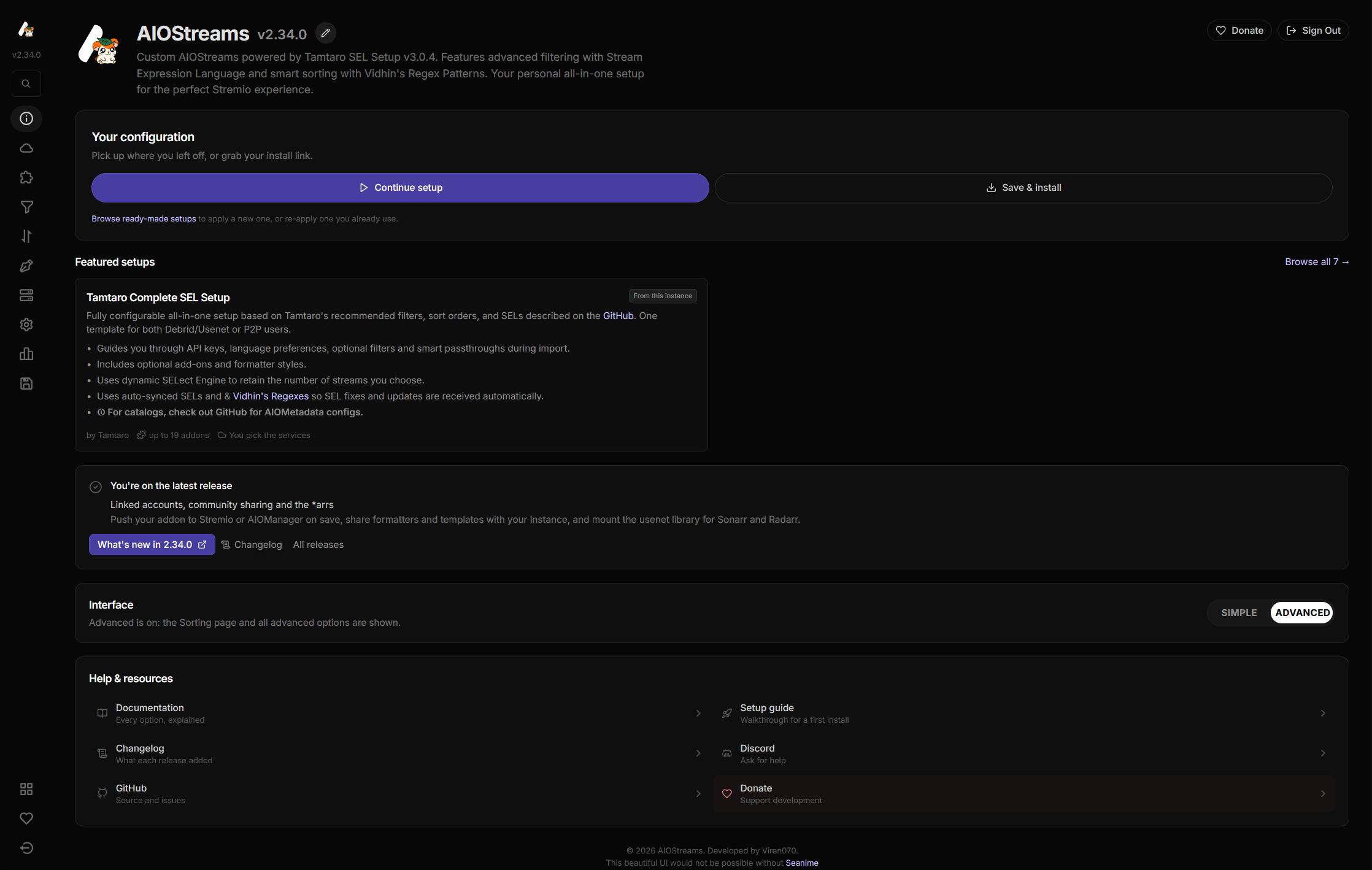 The About page with a configuration loaded: the Your configuration card, a featured setups row and the What's new row