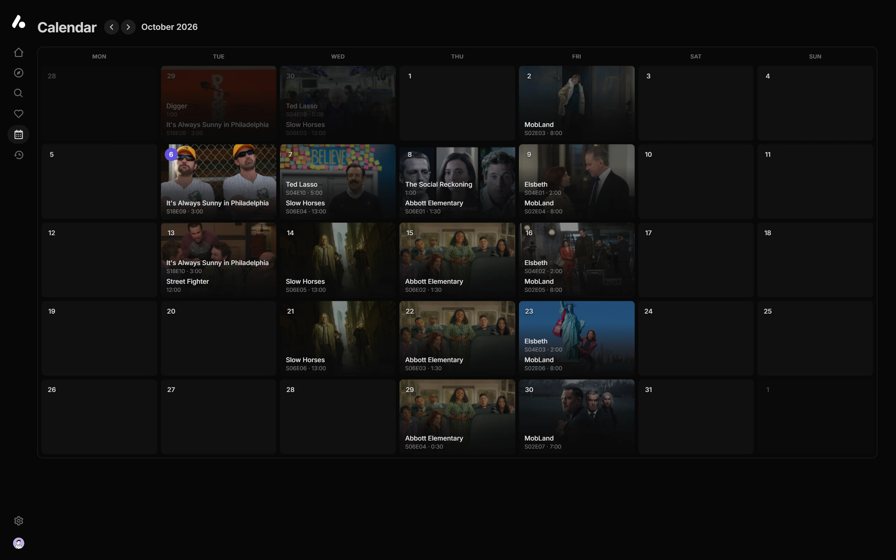 The calendar for October 2026, with weekly episodes of Abbott Elementary, Slow Horses, MobLand and other shows, and the films The Social Reckoning and Street Fighter on their release days