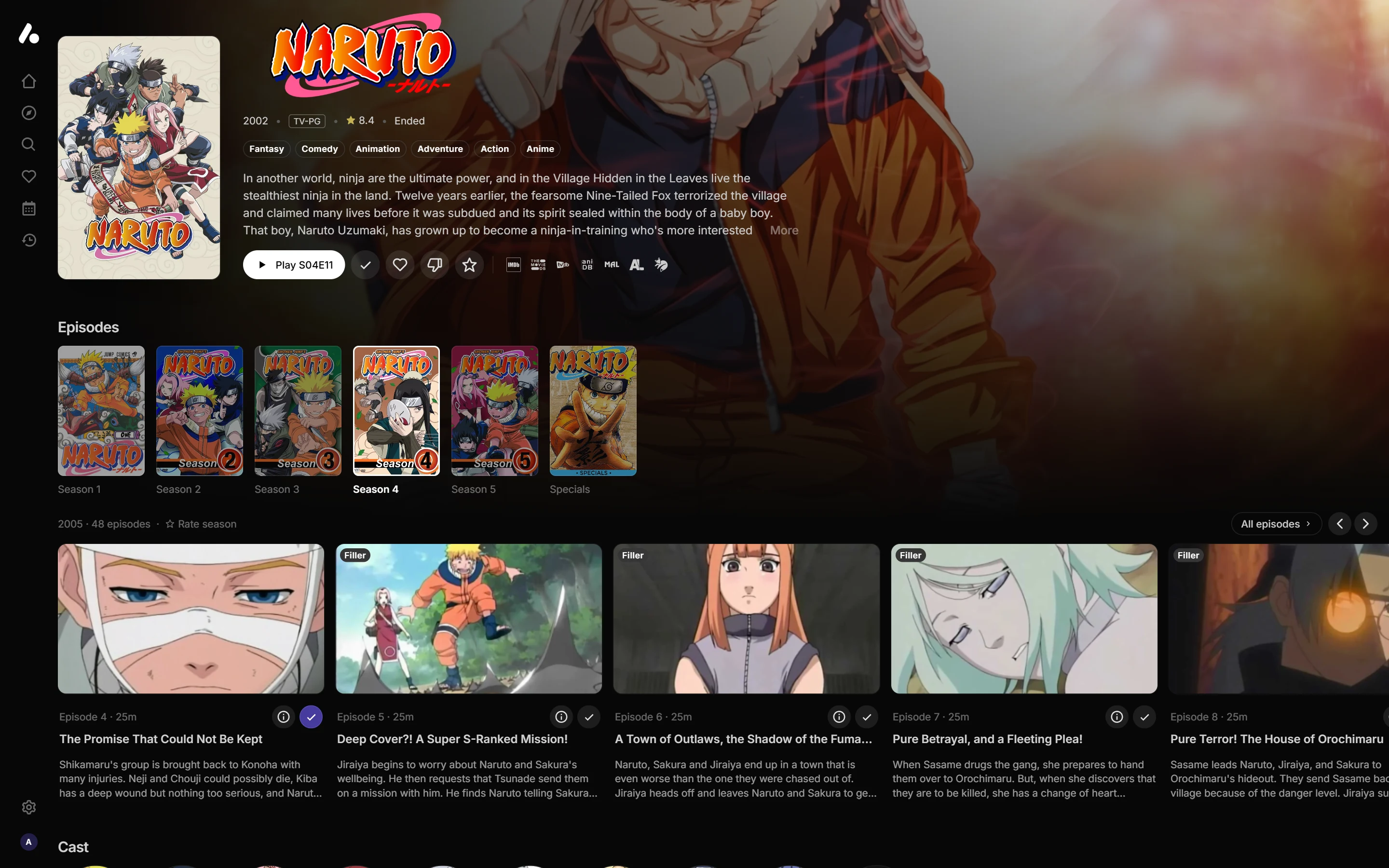 Naruto's fourth season in the app, where episode 4 is followed by episodes 5 to 8, each marked Filler