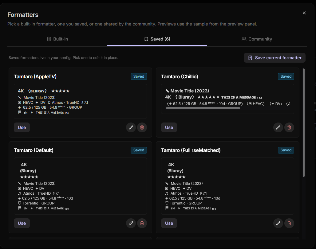 The formatter browser on the Saved tab, each saved formatter a card with a live preview