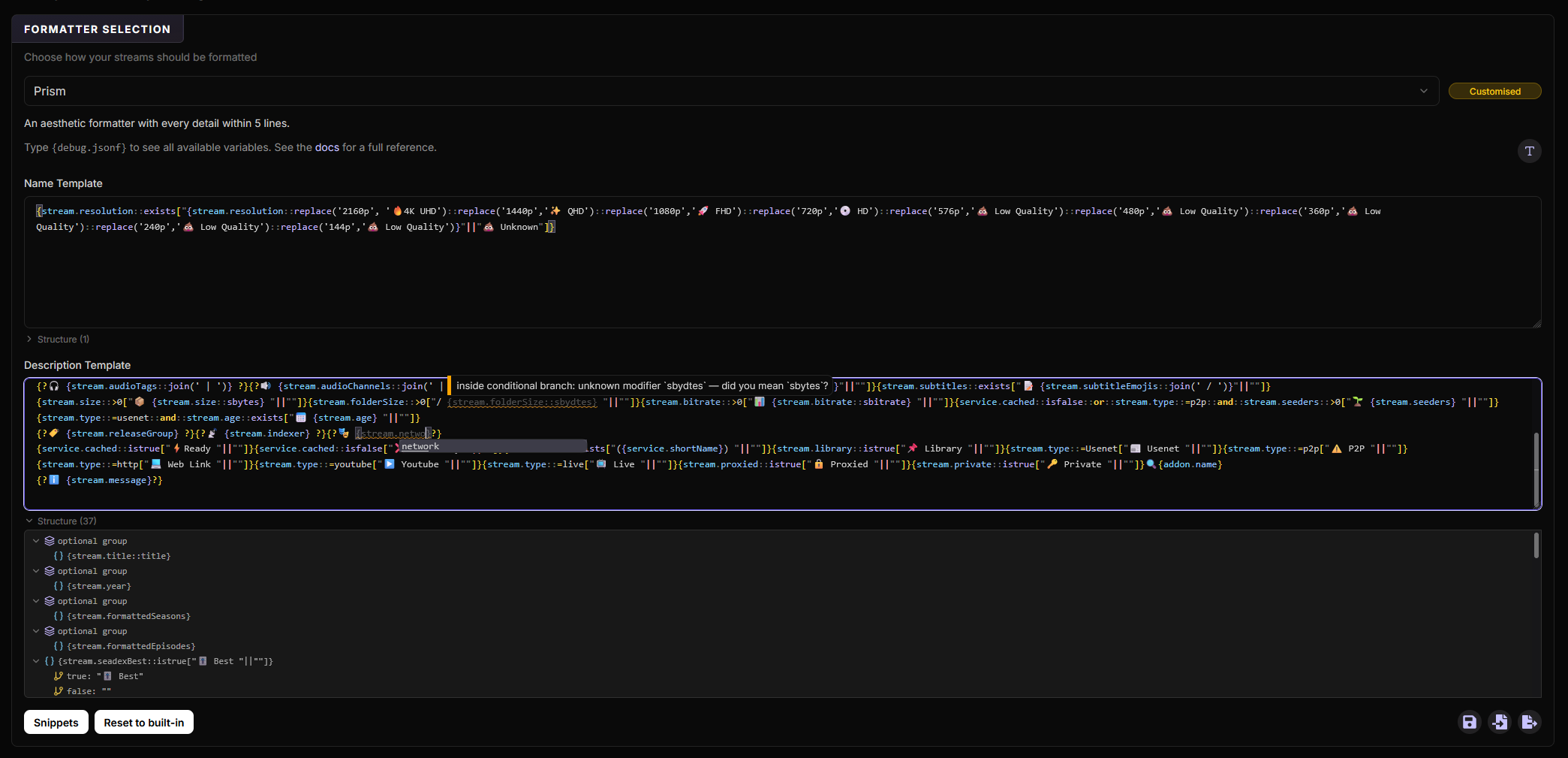 The formatter editor, with a template syntax-highlighted, the autocomplete list open on a field name, and the outline panel beside it