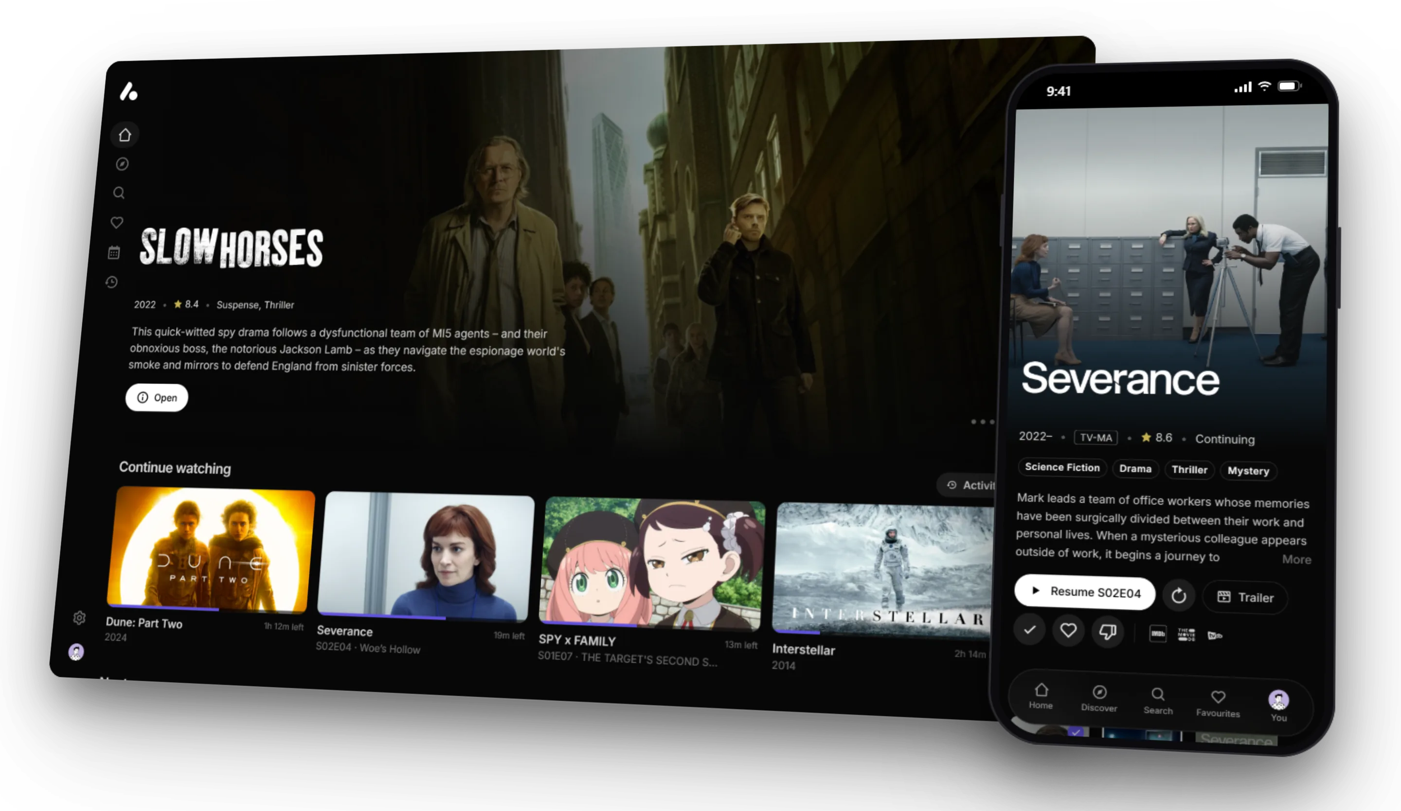 The AIOStreams app on a computer and a phone: the home page with Slow Horses featured, and Severance's show page