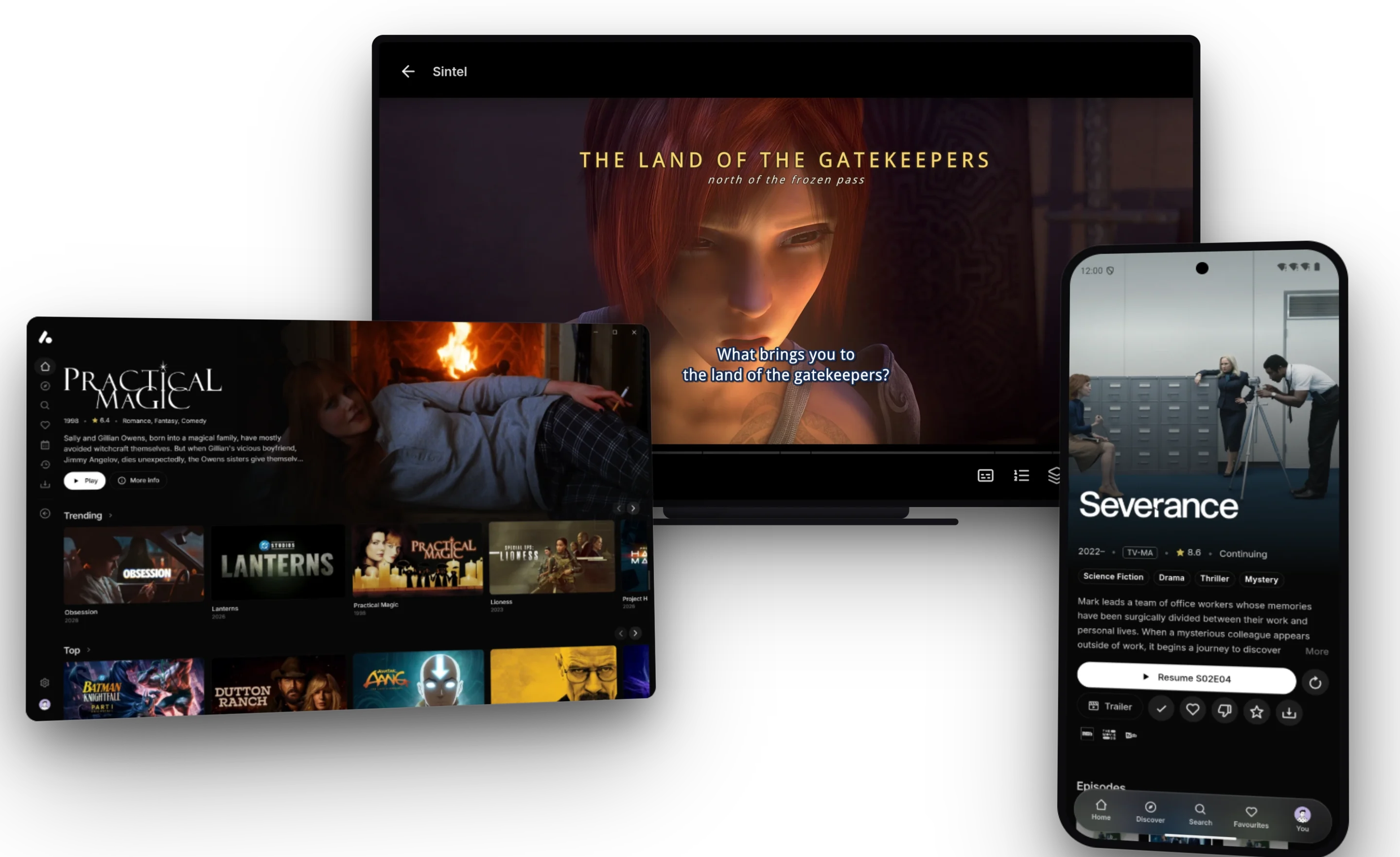 The AIOStreams app on a TV, a computer and a phone: Sintel playing with styled subtitles on the TV, the home page with Practical Magic featured on the computer, and Severance's show page on the phone
