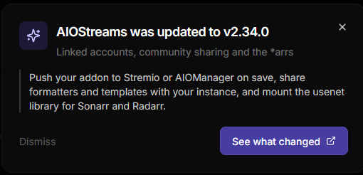 A modal reading "AIOStreams was updated to v2.34.0", with a See what changed link