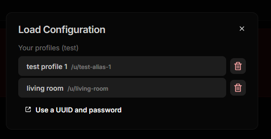 The Load Configuration dialog, with saved profiles listed above the UUID and password fields