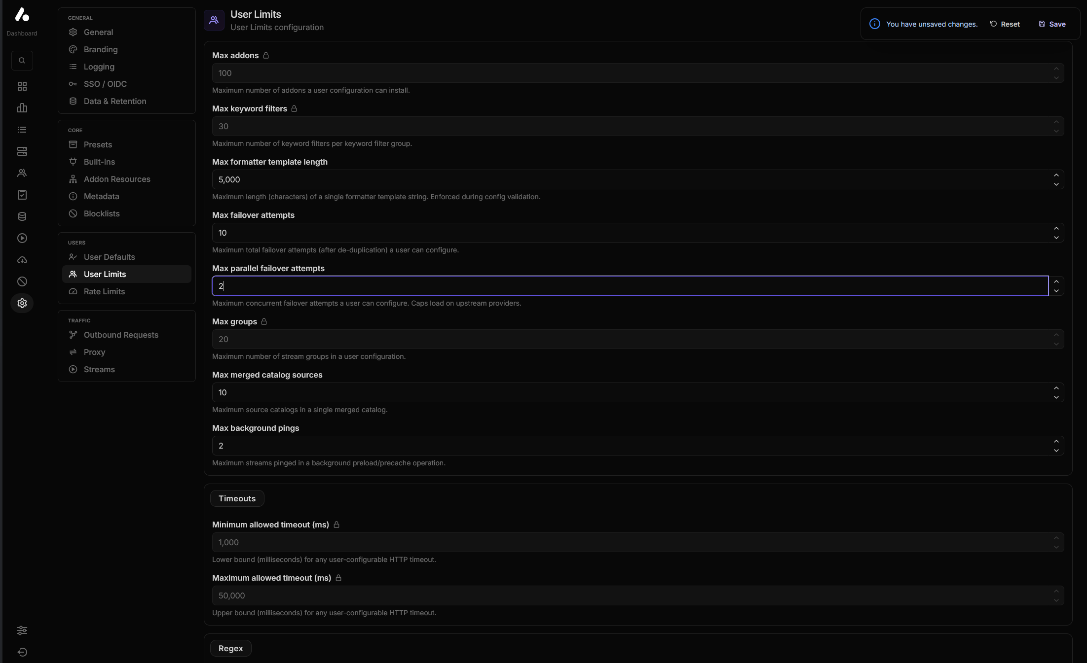 The dashboard Settings page on the User Limits tab. Max addons, Max keyword filters and Max groups are greyed out with a padlock beside their names because an environment variable pins them; the remaining fields are editable, and an unsaved-changes bar with Reset and Save buttons sits at the top right