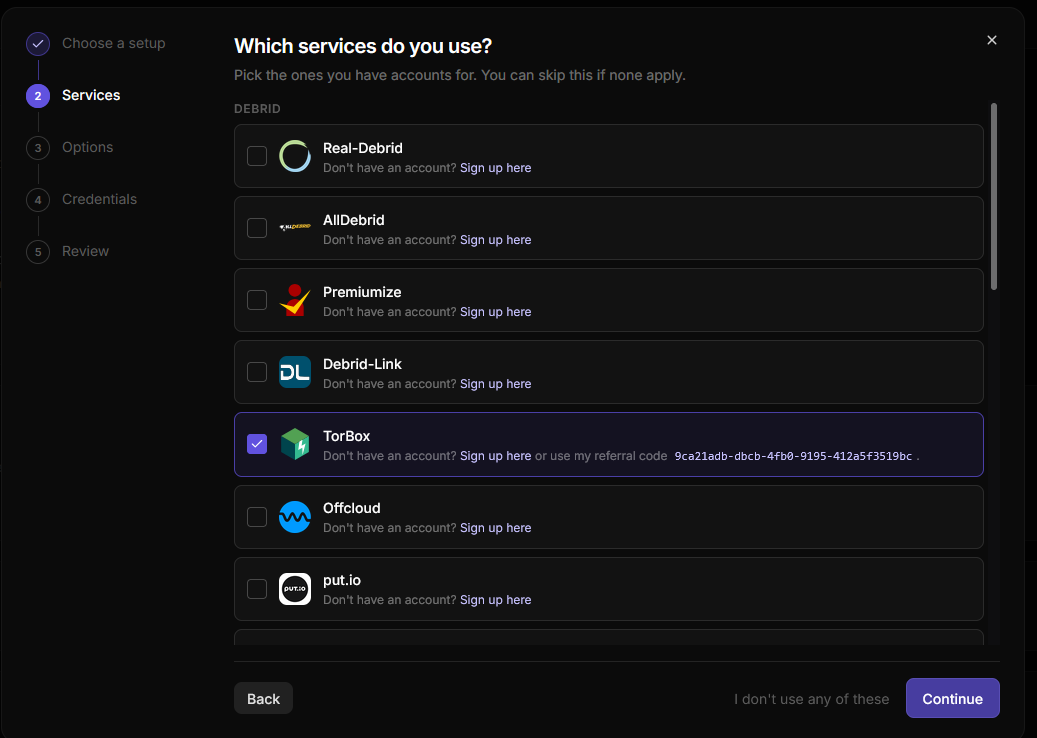 The setup wizard on the "Which services do you use?" step, with the step rail down the left