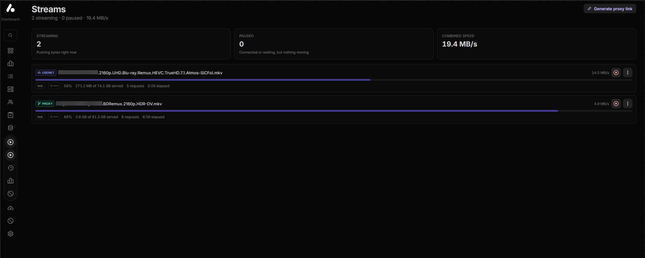 The Streams page showing active streams, with proxied and usenet playback listed together
