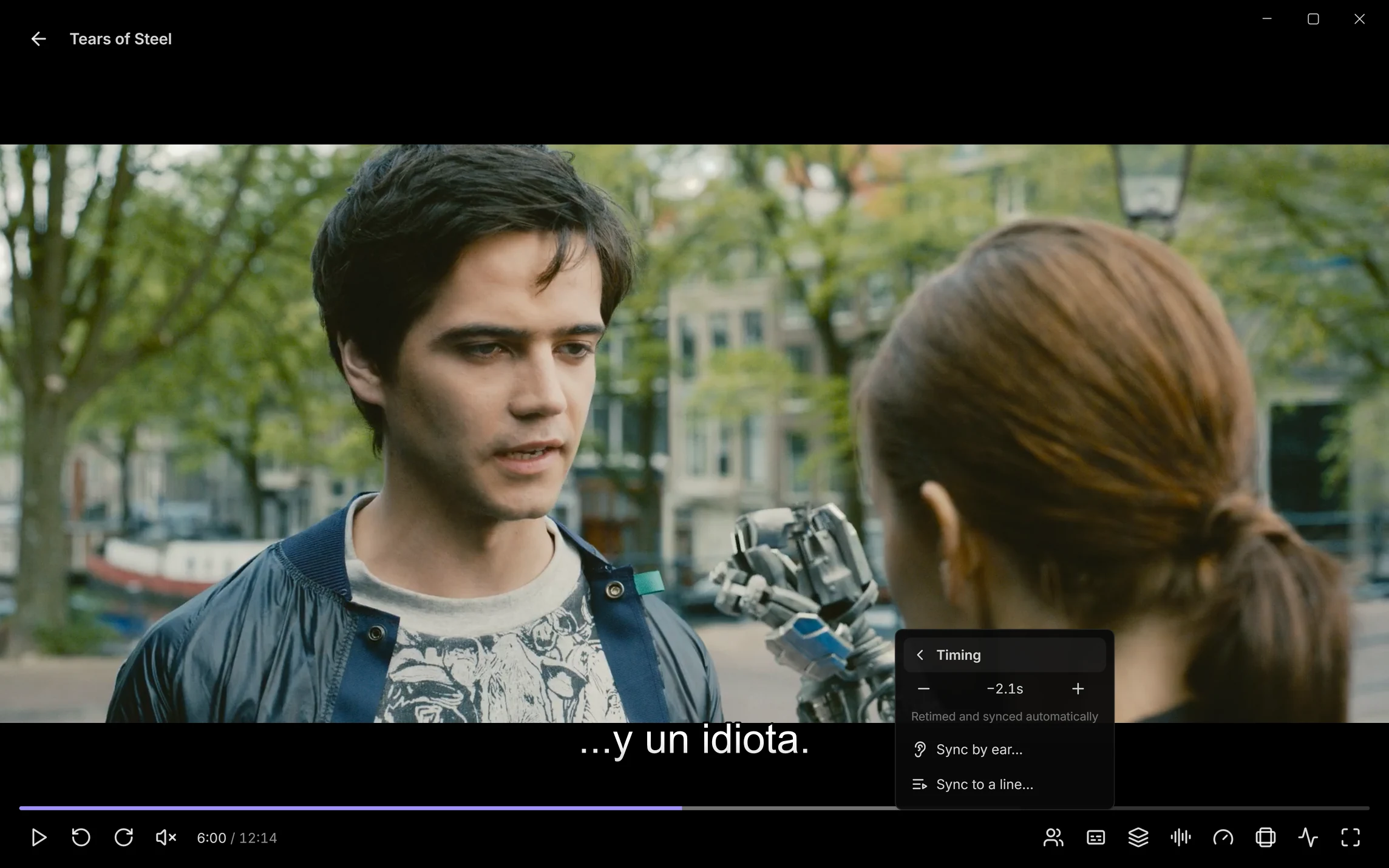 Tears of Steel in the desktop app with a Spanish subtitle, made for a 25 fps release, in time with the actor, and the subtitle menu's Timing page reading −2.1s, Retimed and synced automatically