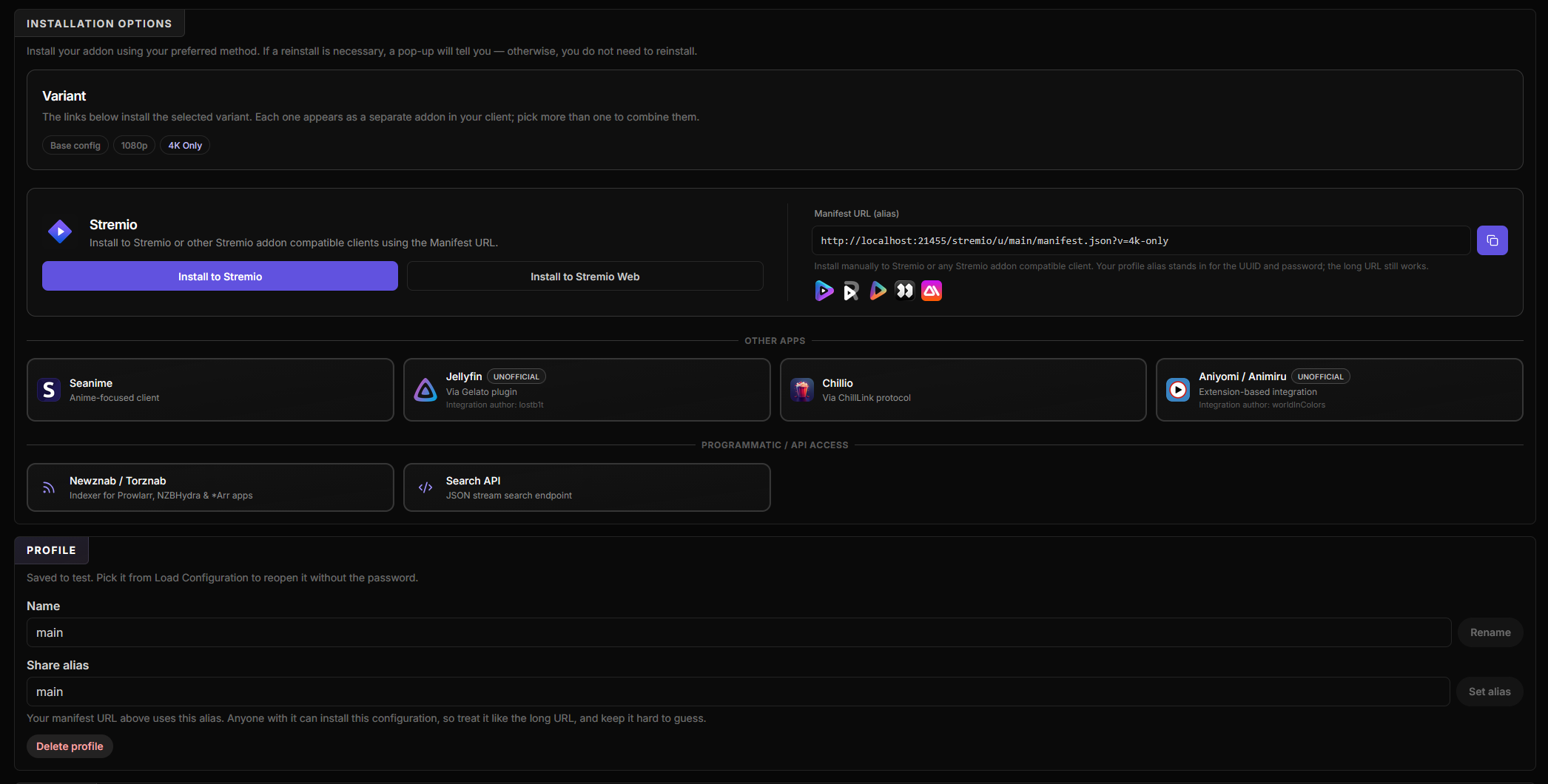 The installation card with the 4K Only variant selected, and the shortened alias manifest URL ending in ?v=4k-only