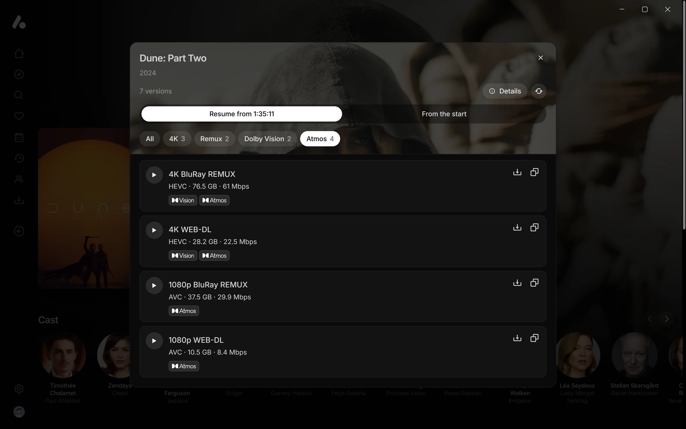 Dune: Part Two's versions in the desktop app with the Atmos quick filter picked, leaving four of its seven versions, each with its resolution, source, codec, size and bitrate, and Dolby Vision and Dolby Atmos logo badges