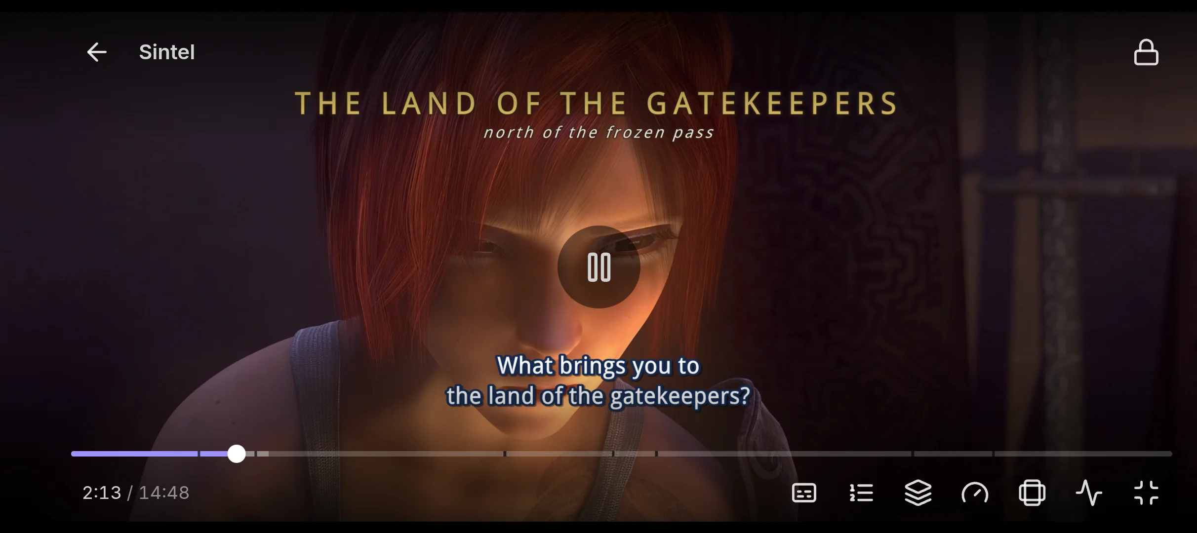 Sintel playing on a phone in landscape, with a gold sign and a styled subtitle over the video, and the player controls