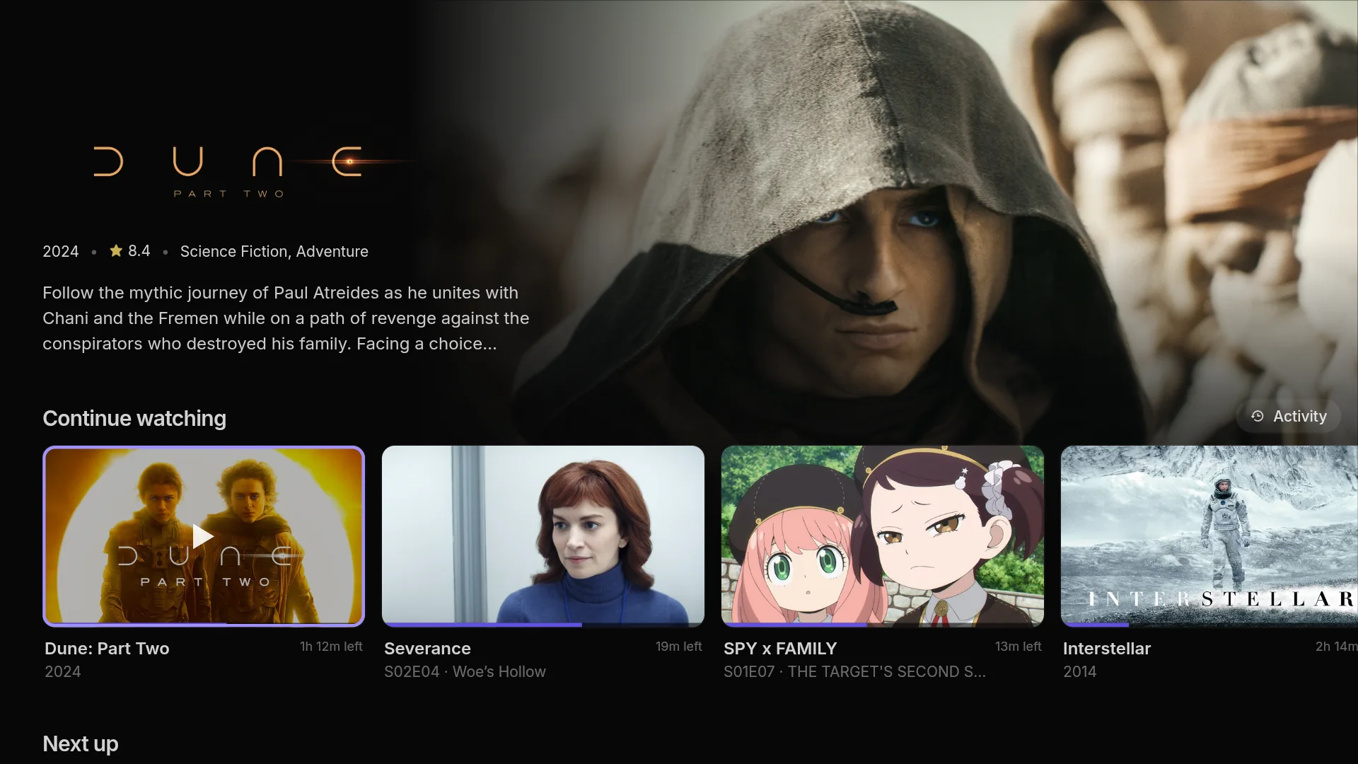 The TV home page featuring Dune: Part Two from the corner, with the backdrop on the right