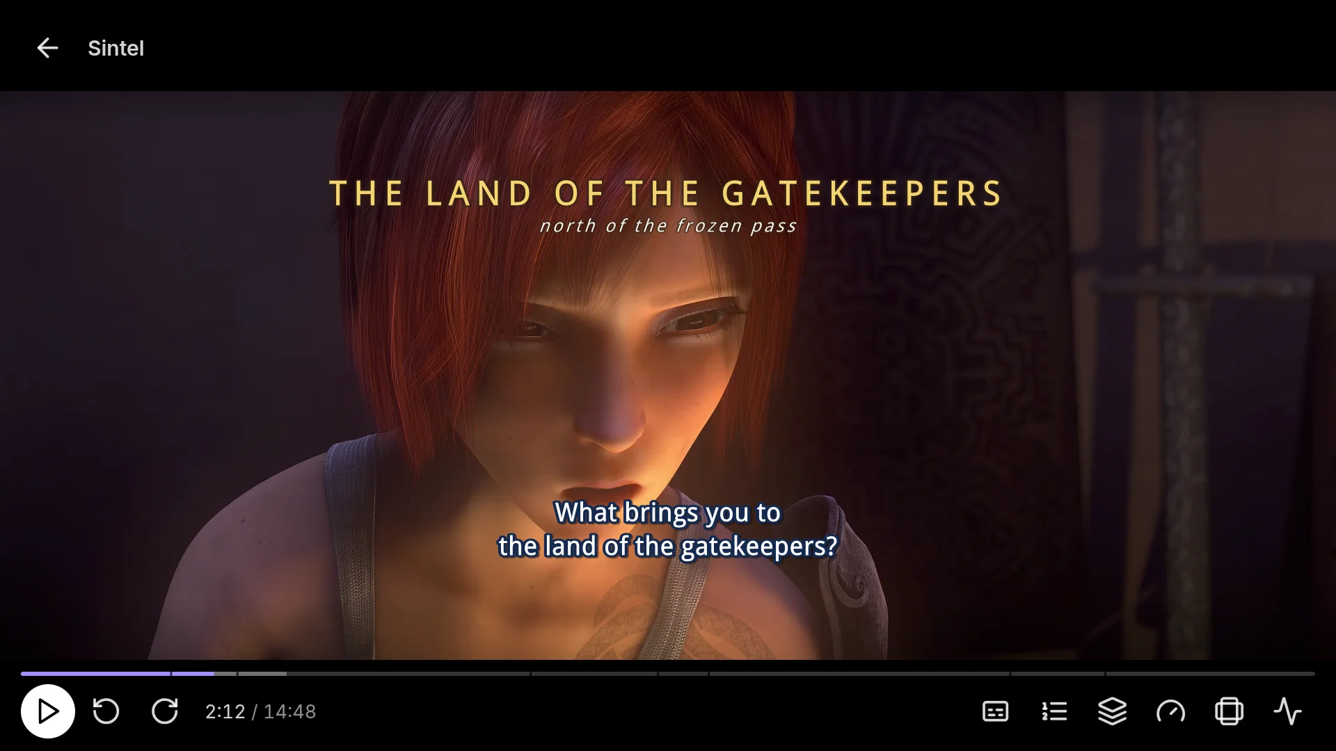 Sintel paused on a TV, with a gold sign and a styled subtitle, and Play focused in the controls