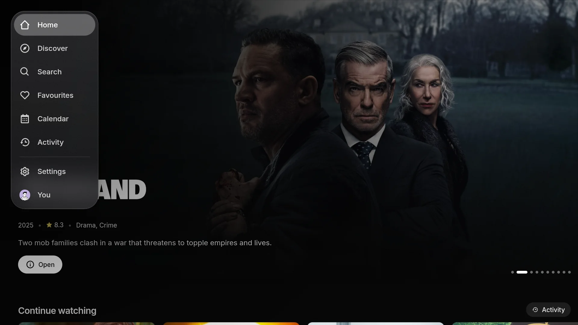 The TV home page with the navigation folded into a corner button, opened as a menu