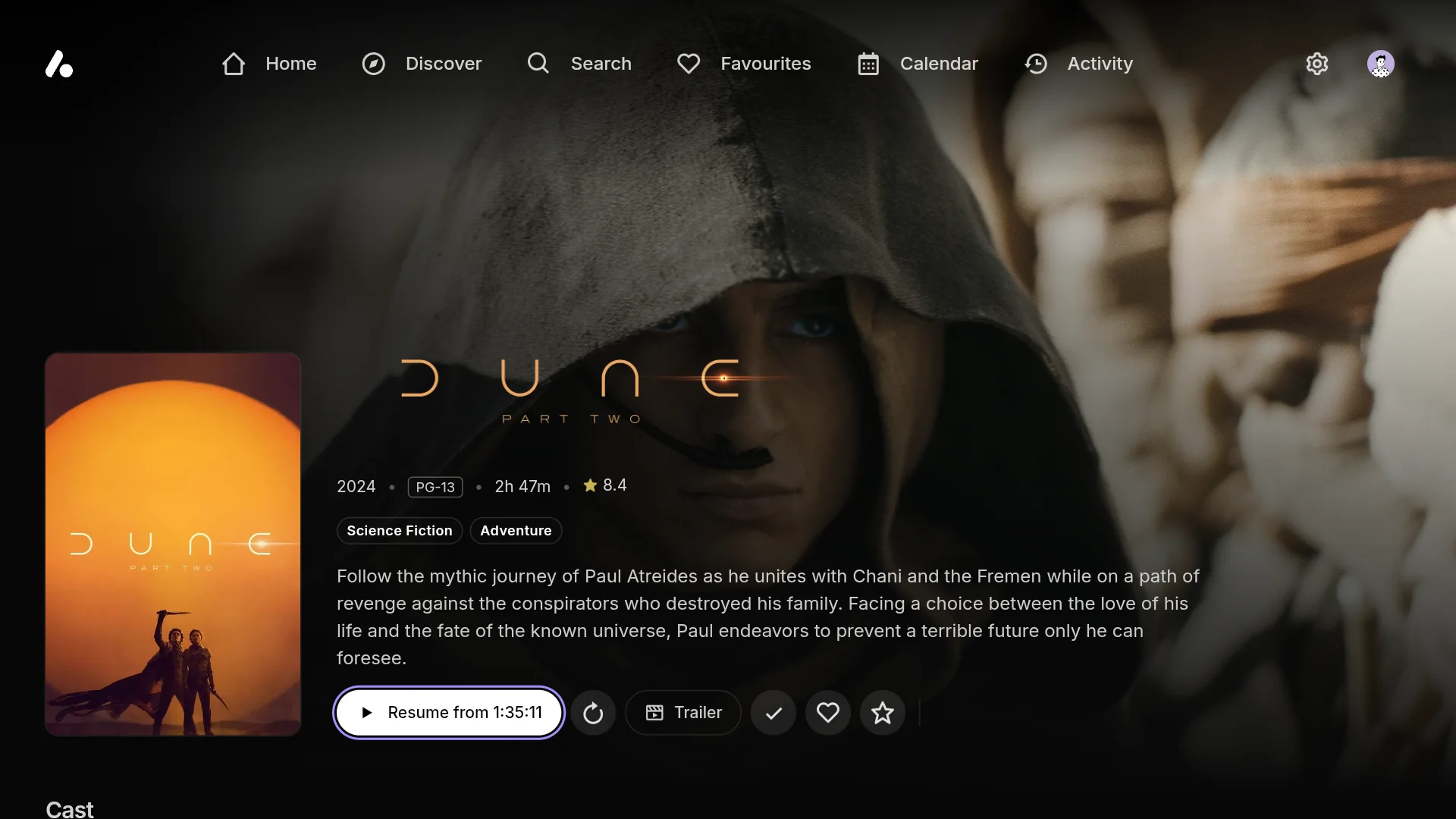 Dune: Part Two's page on a TV, with Resume focused
