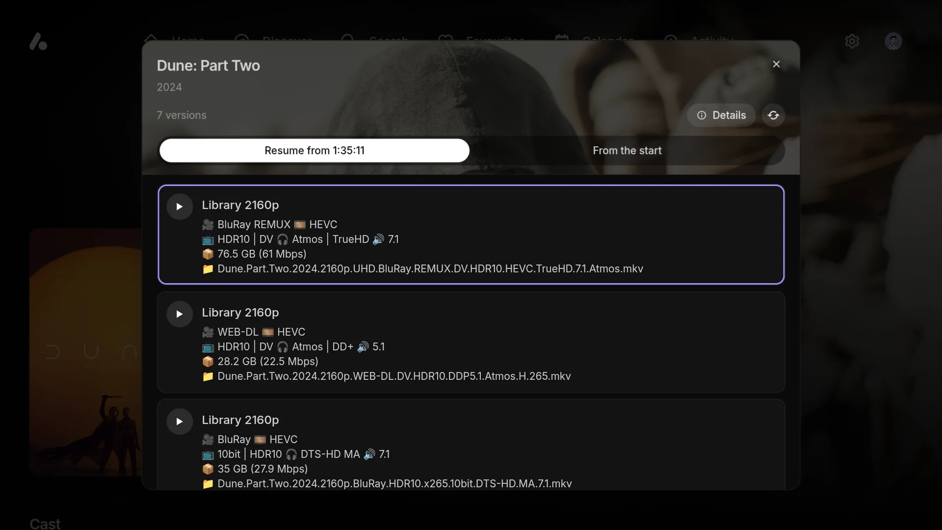 The version list for Dune: Part Two on a TV, with the first version focused