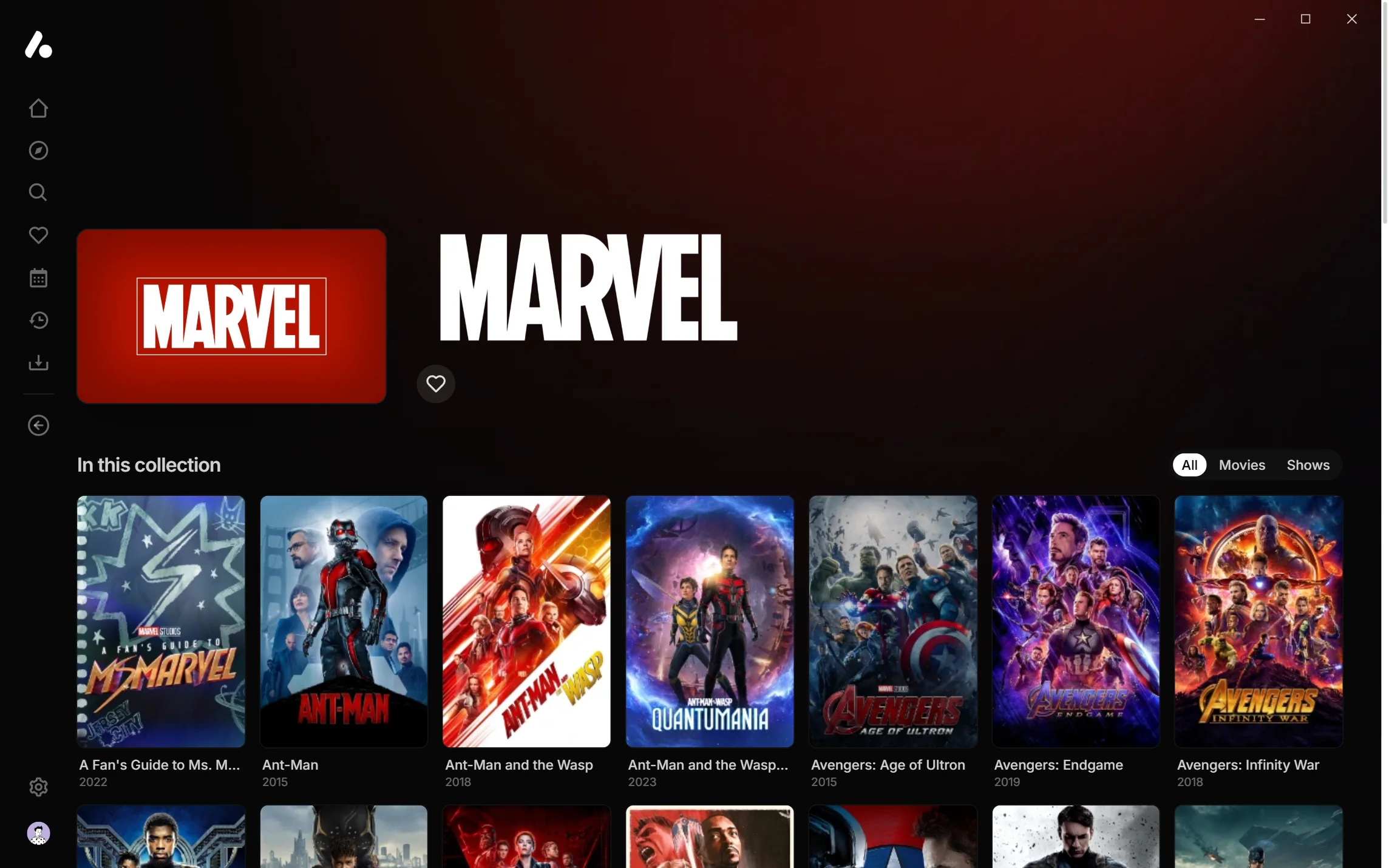The Marvel collection's page, with a grid of its movies and shows and a filter for each