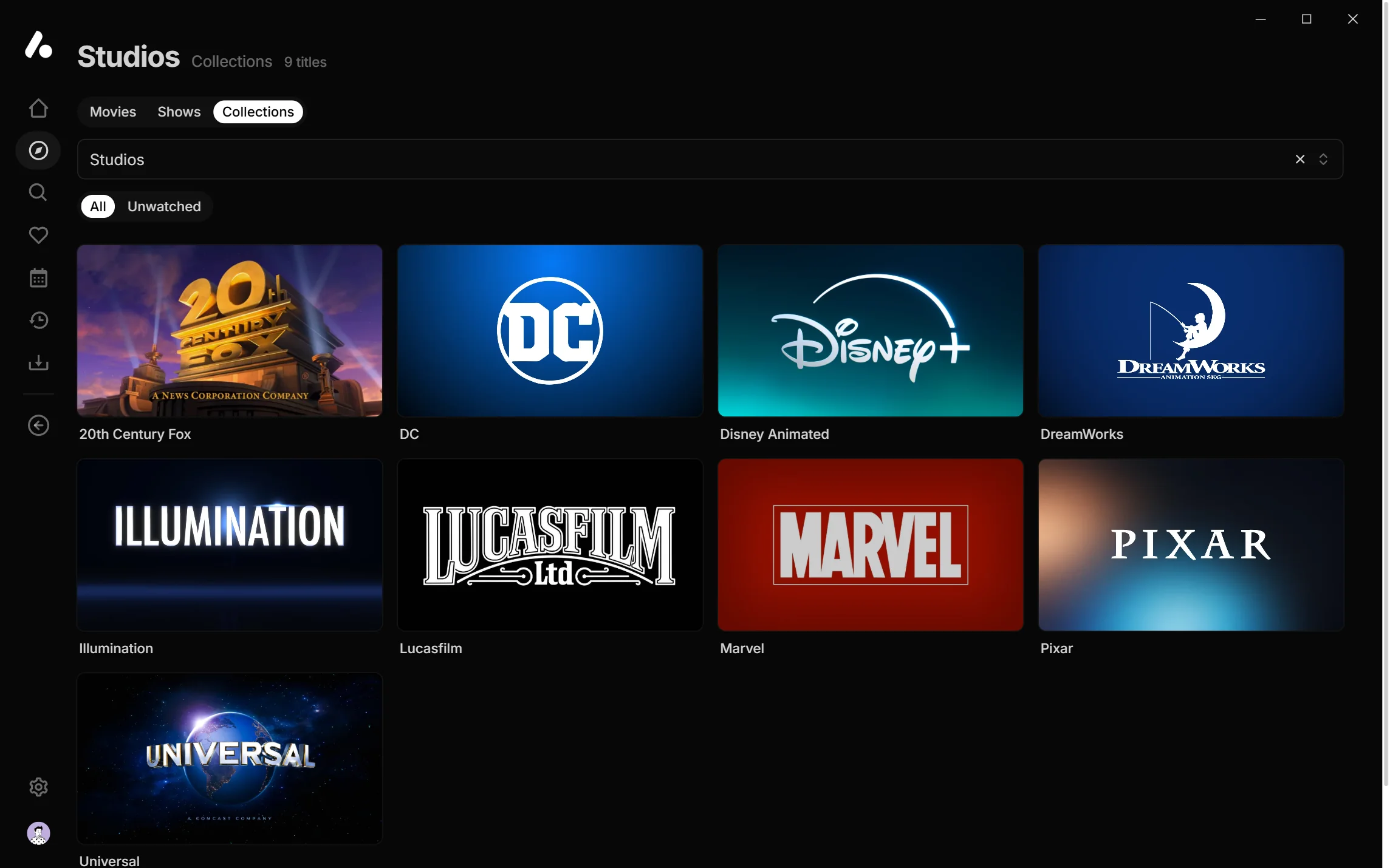 The Studios library, with collections for 20th Century Fox, DC, Disney Animated, DreamWorks, Illumination, Lucasfilm, Marvel, Pixar and Universal