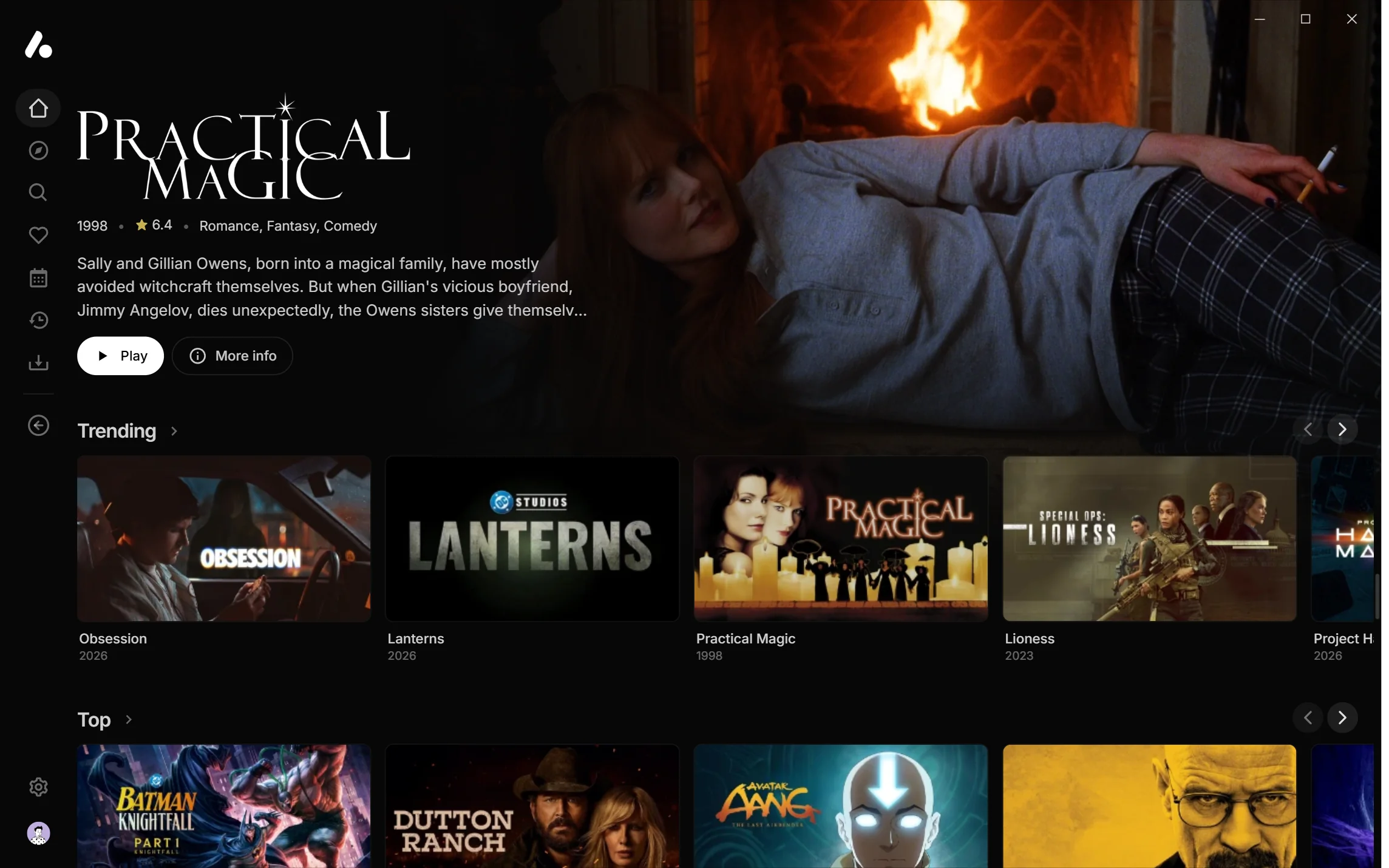 The home page with Practical Magic featured in a smaller corner above the Trending and Top rows
