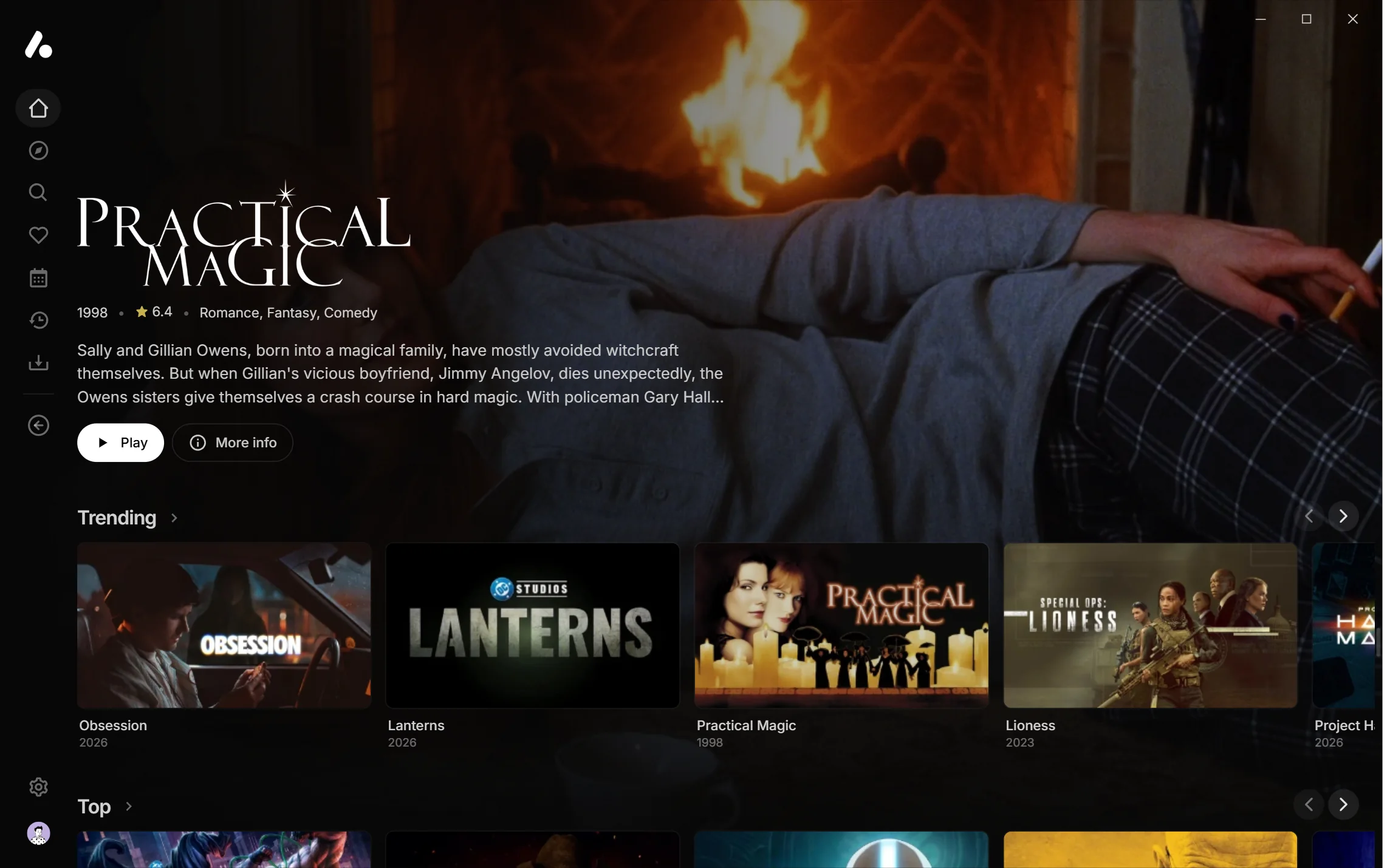 The home page with its featured title pinned above the rows, showing Practical Magic, the card the pointer rests on in the Trending row