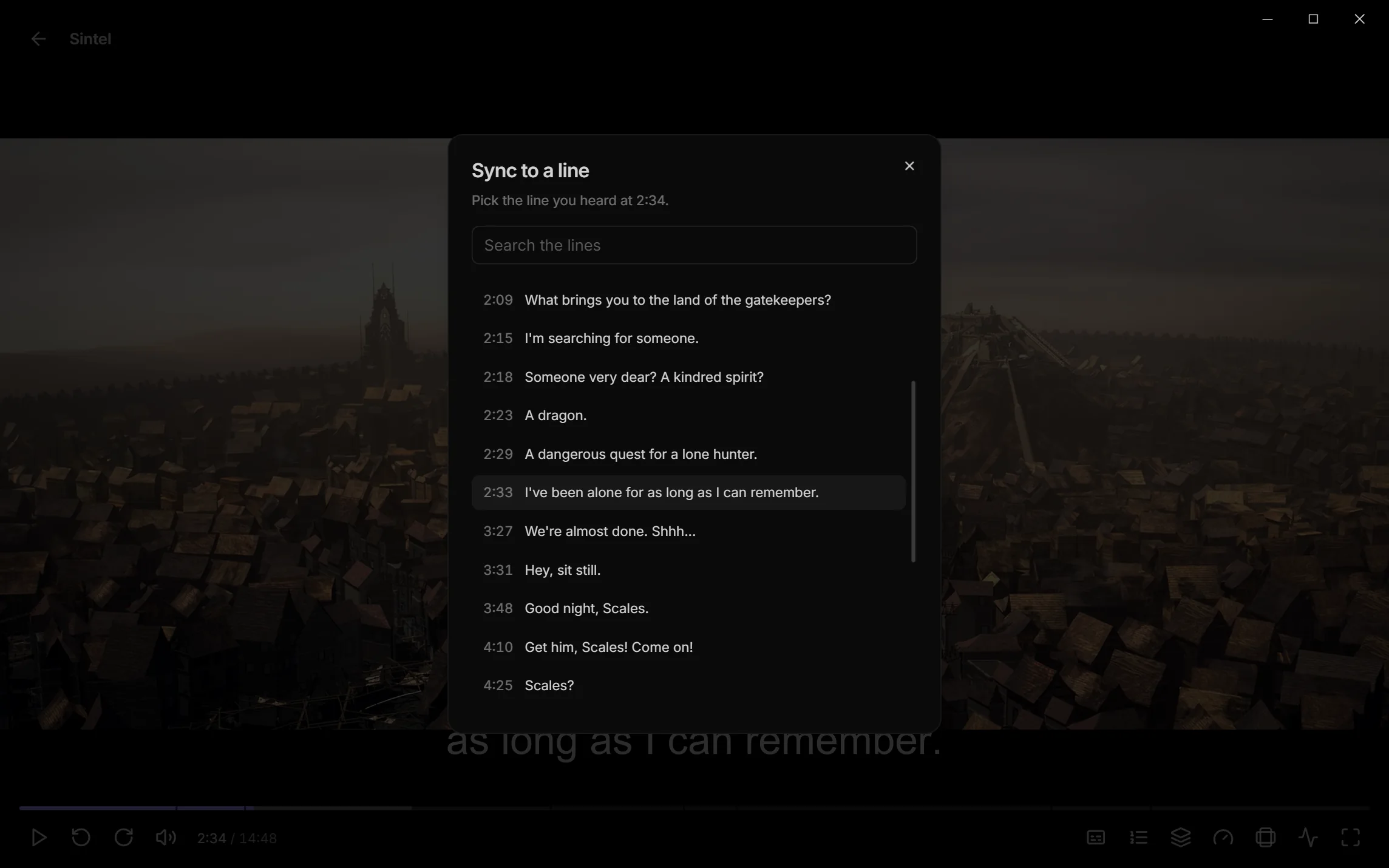 The Sync to a line panel over Sintel, listing the subtitle's lines around the current moment