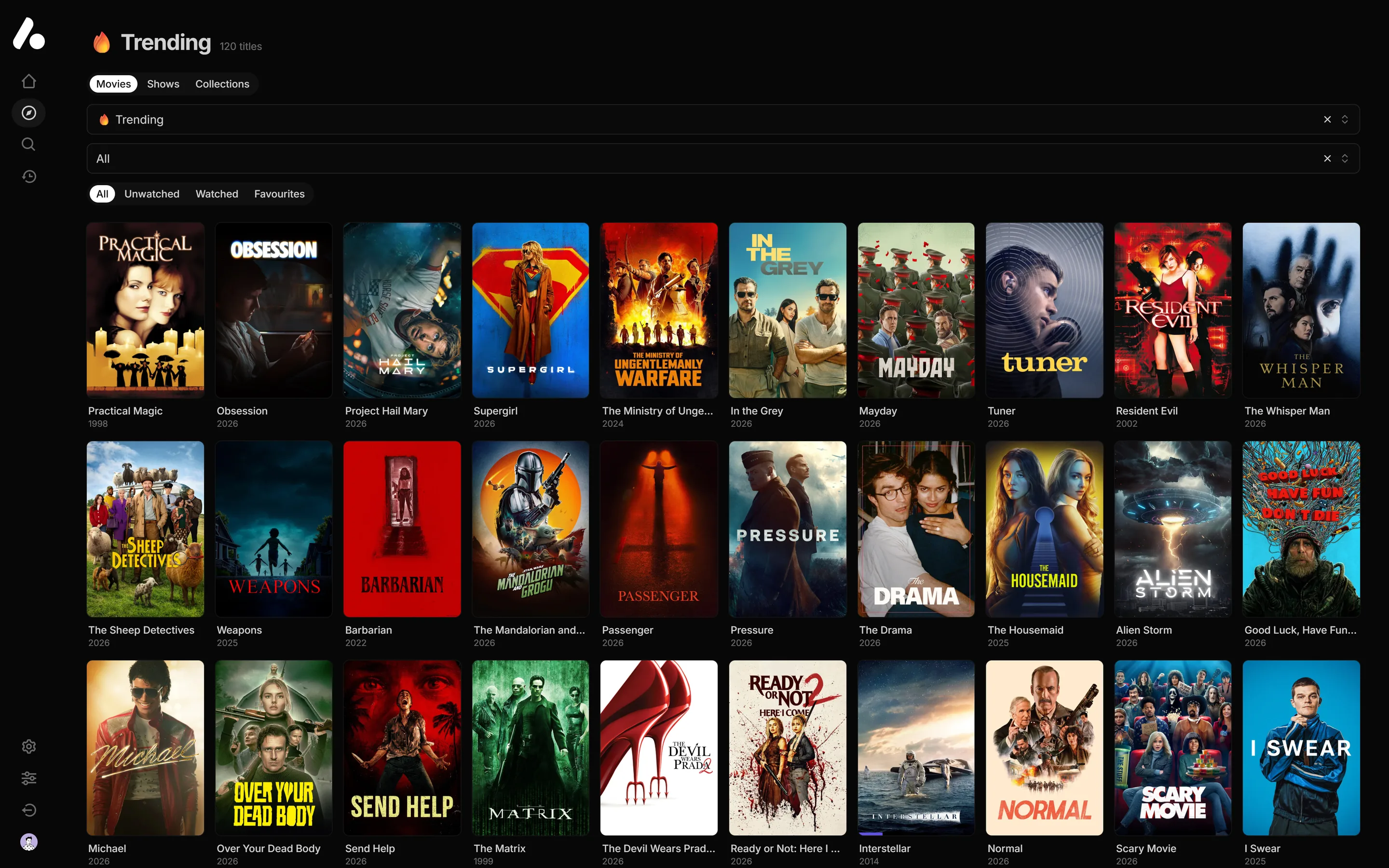 Discover showing the Trending catalog as a grid of movie posters, with Movies, Shows and Collections tabs