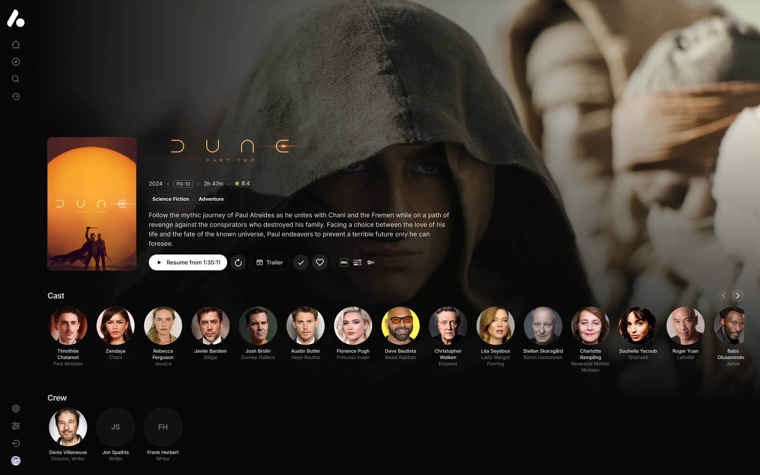 Dune: Part Two's page, with its details, a Resume button and the cast and crew