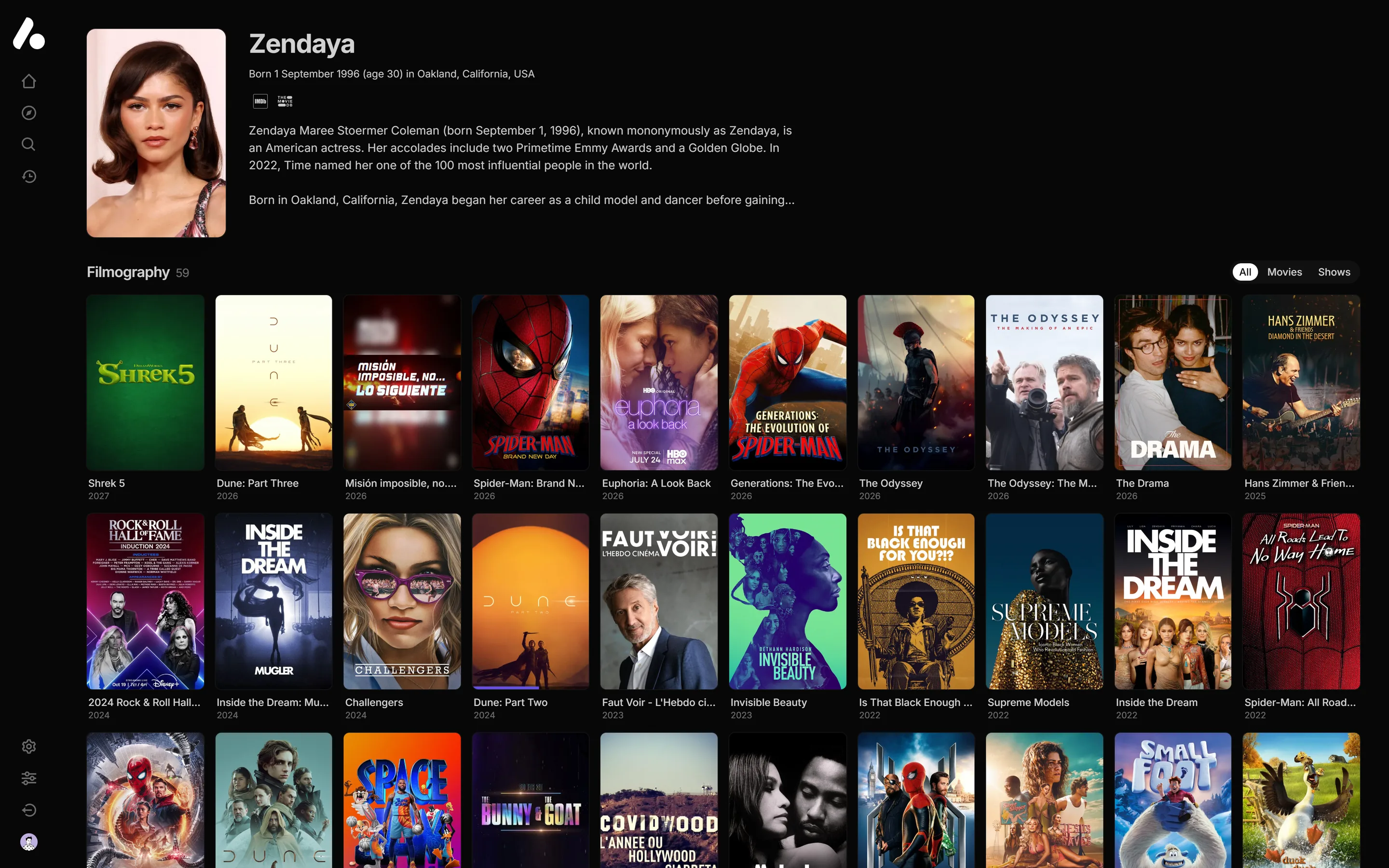 Zendaya's page, with her photo, a short biography and a grid of the films and shows she has been in