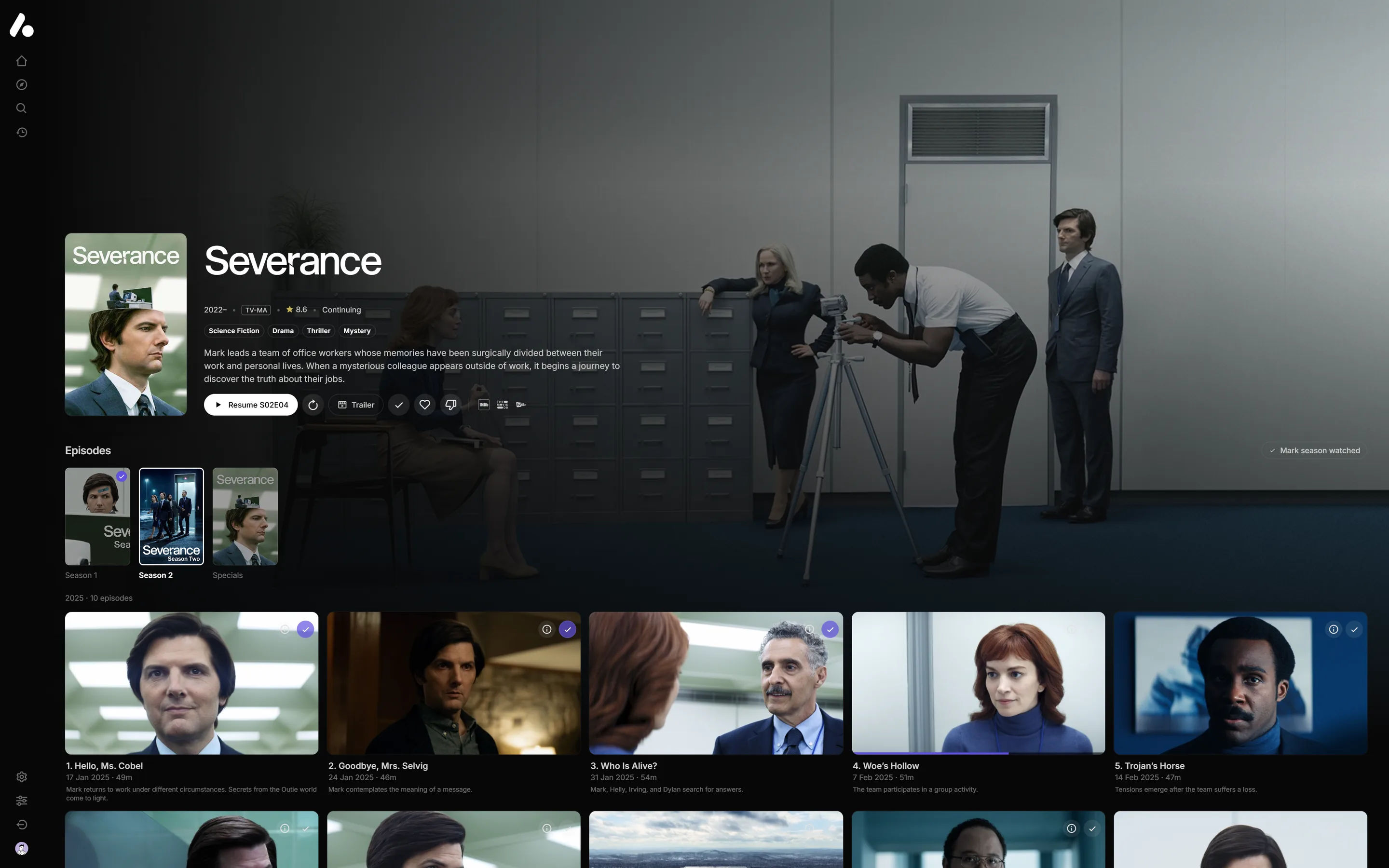 Severance's page, with its seasons and a grid of episodes marked as watched or in progress