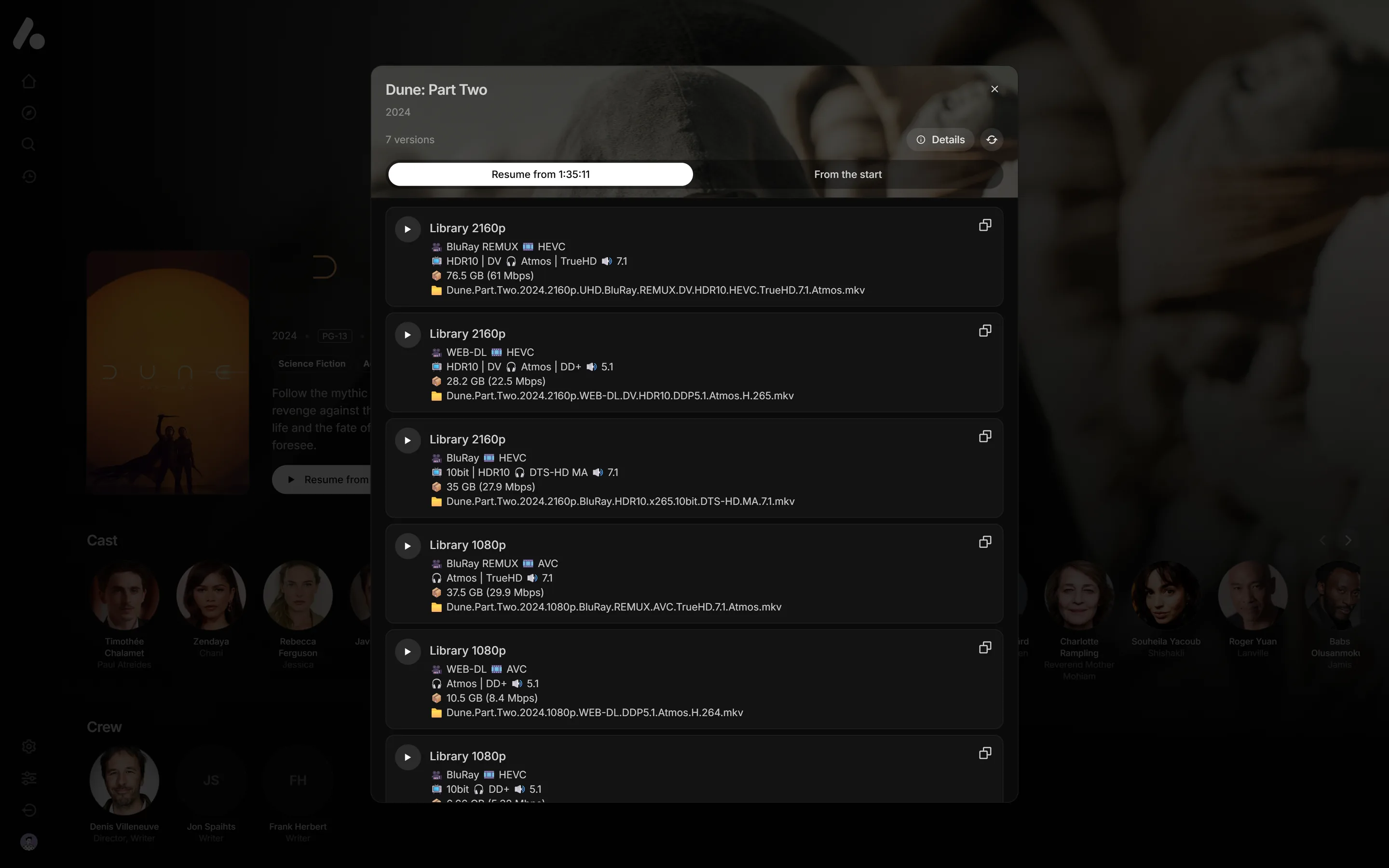 The version list for Dune: Part Two, with seven versions described by the formatter and a choice to resume or start over