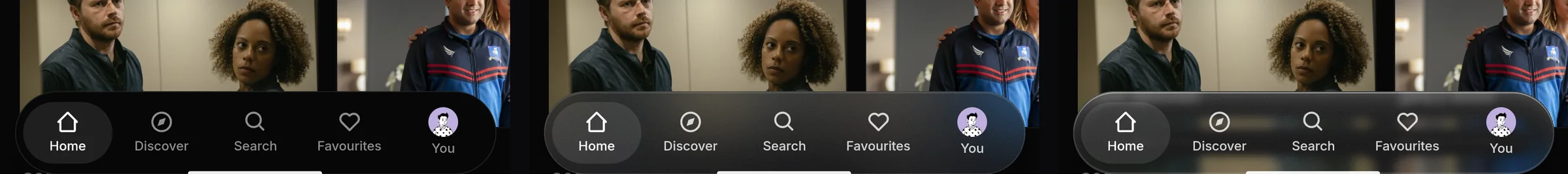 A phone's bottom navigation three times: on a solid background, on frosted glass and on liquid glass