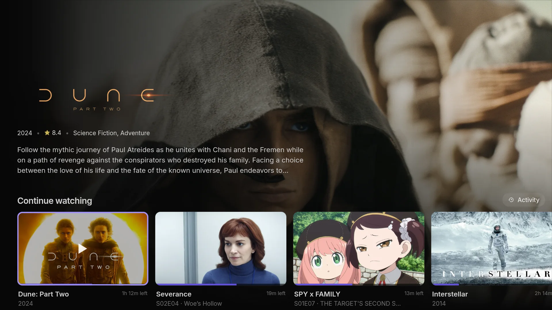 The TV home page featuring Dune: Part Two, the card focused in Continue watching
