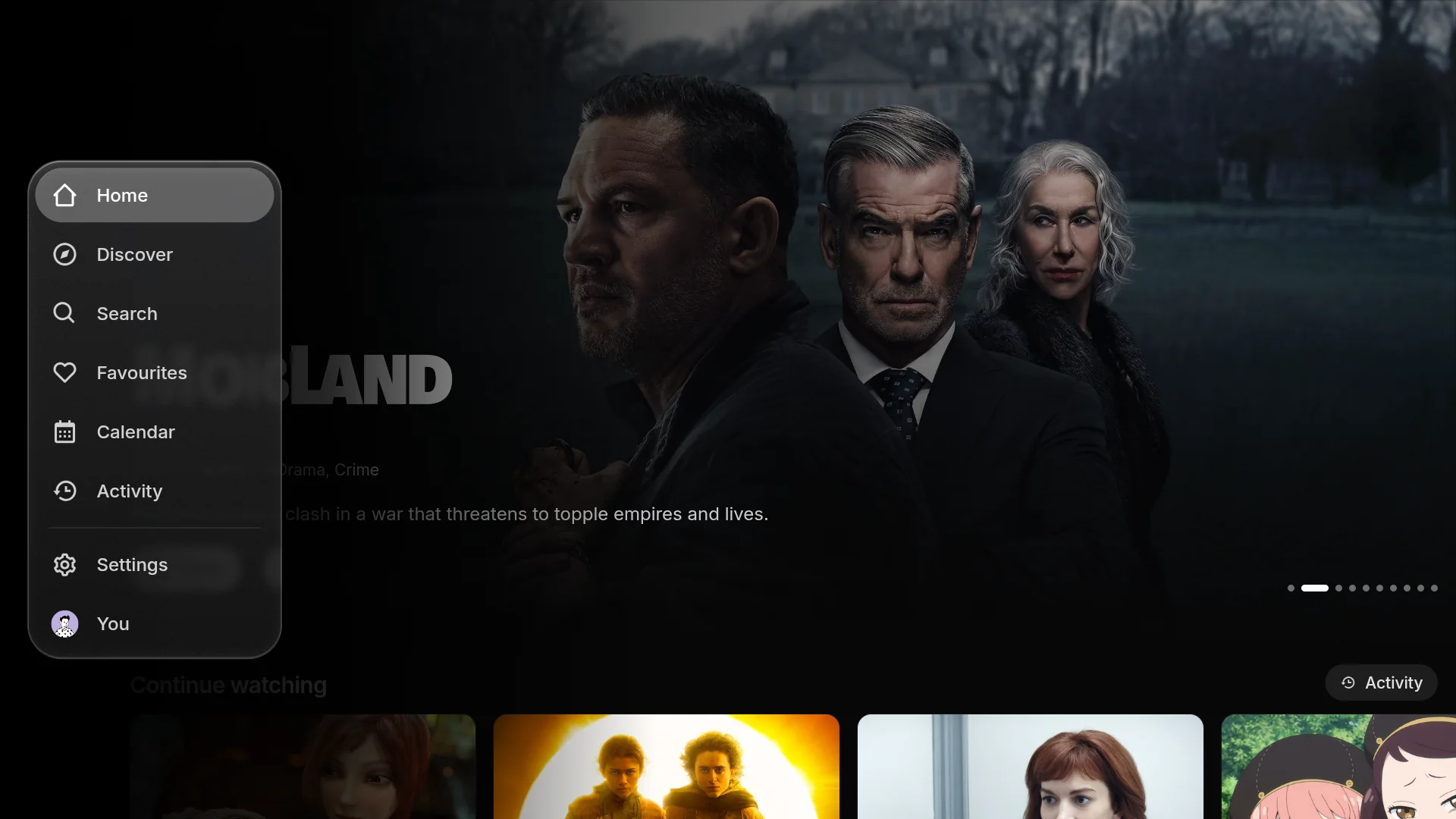 The TV home page with a floating side rail on liquid glass, showing the page names