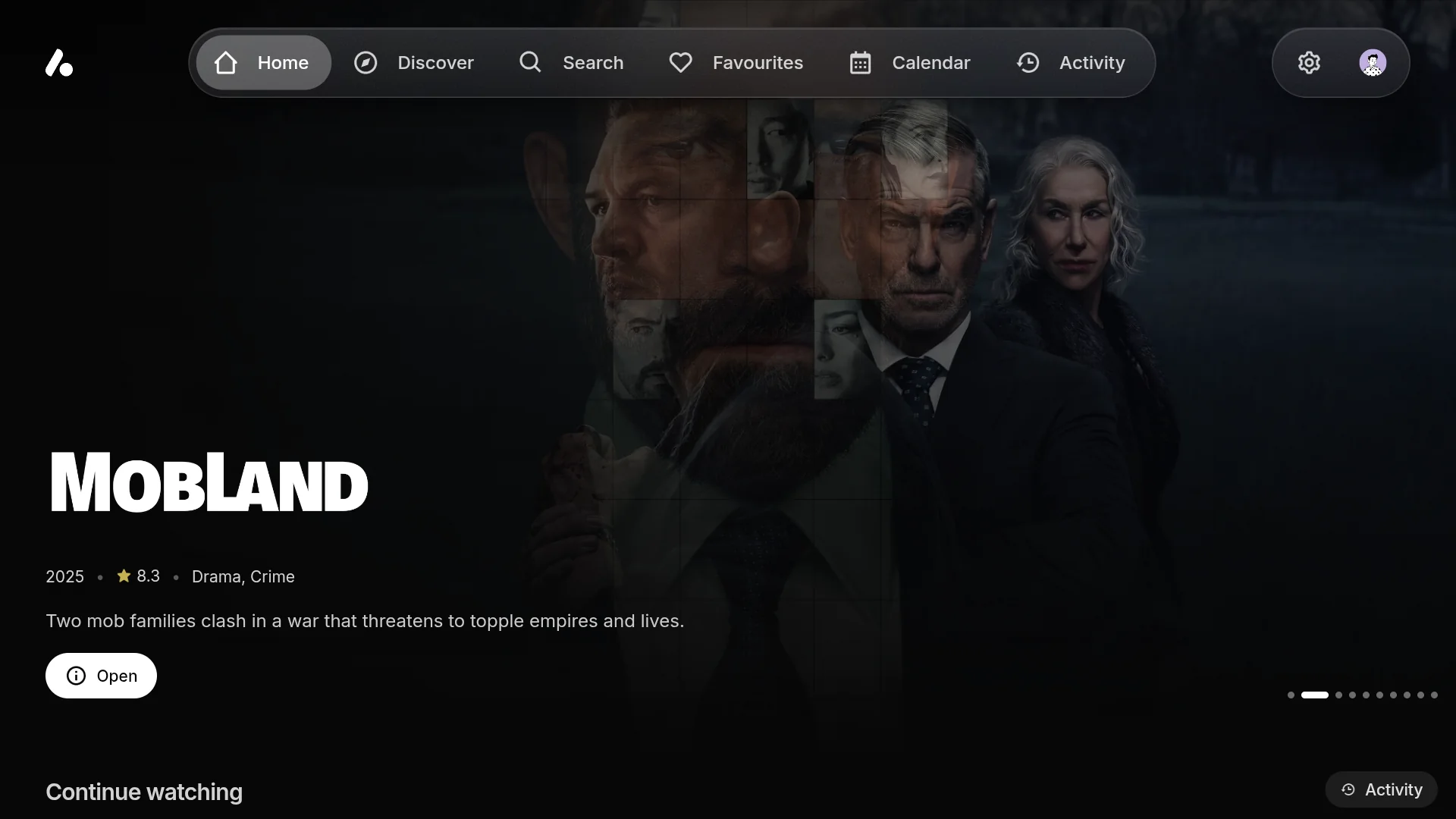 The TV home page with the navigation as floating pills on frosted glass