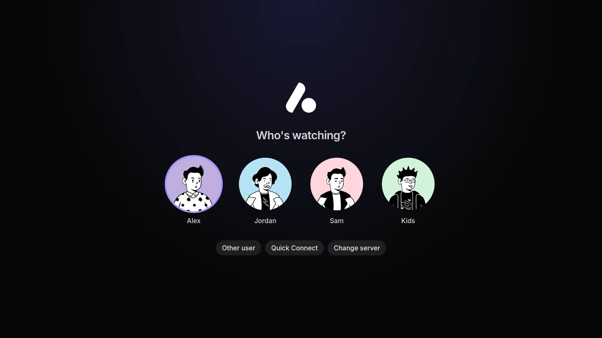 The TV's sign-in picker asking who is watching, with Alex focused among four users