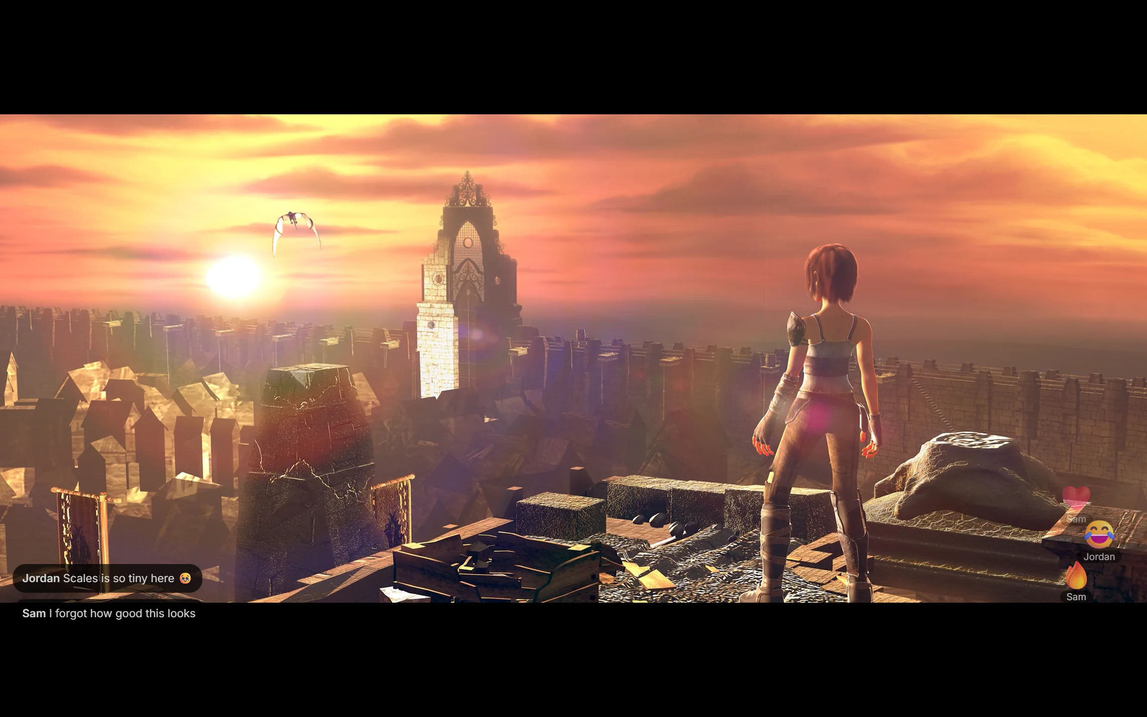 Sintel on a rooftop at sunset in the desktop app's player, with messages from Jordan and Sam in the bottom left and heart, laughing and fire reactions rising in the bottom right