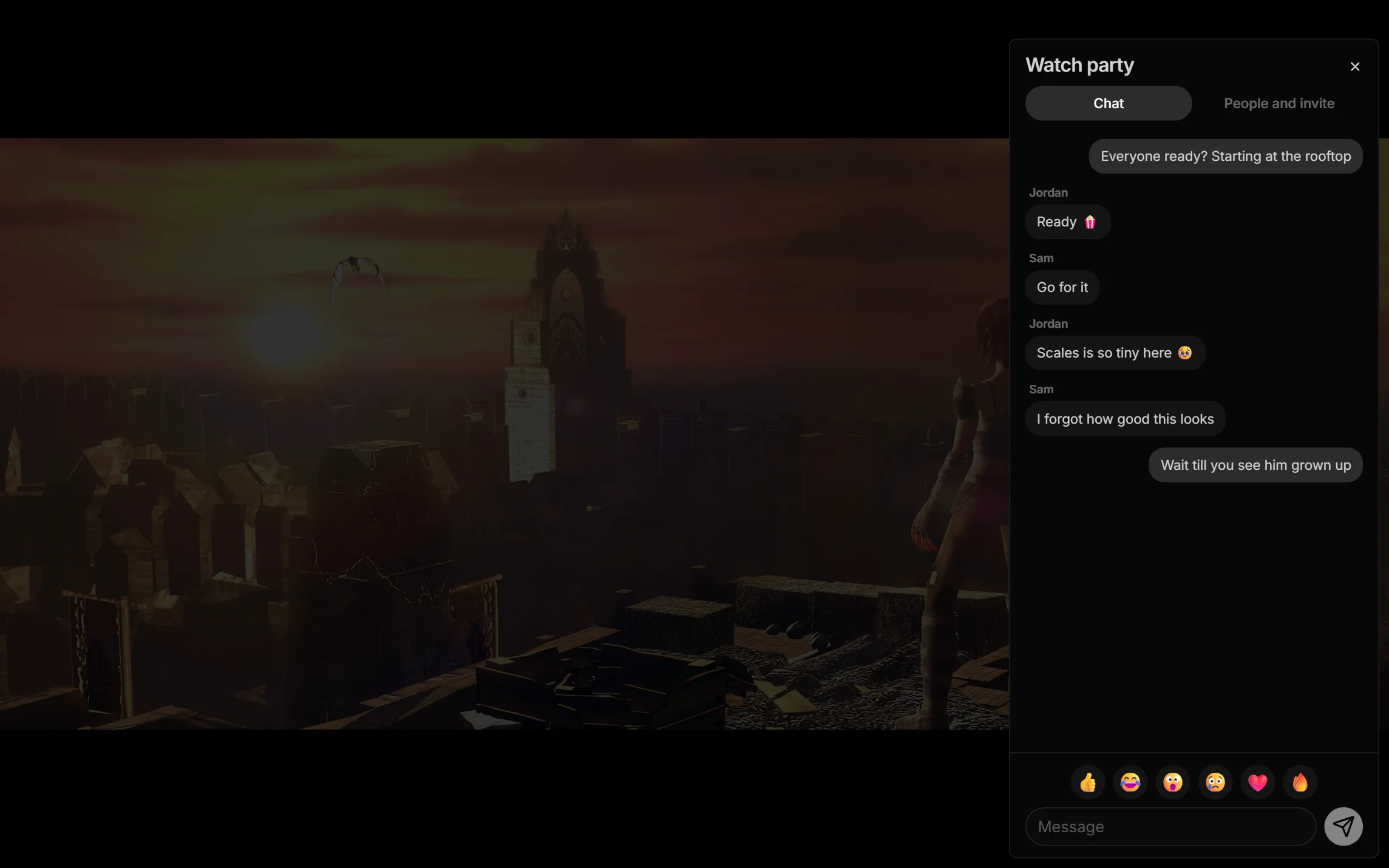 The watch party panel beside the video, with the party's chat between Alex, Jordan and Sam and a row of reactions above the message box