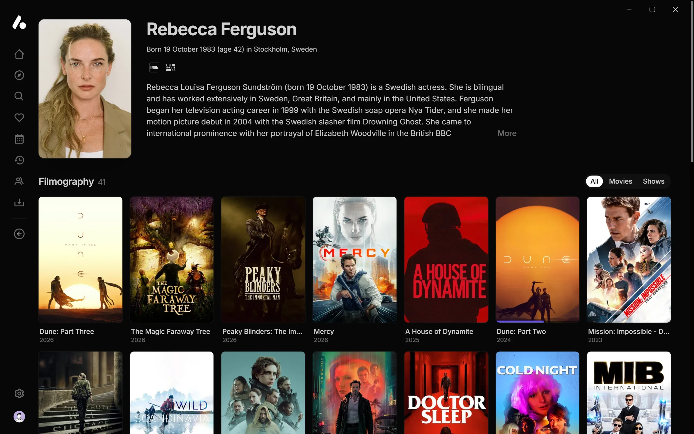 Rebecca Ferguson's page in the desktop app, with her photo, birth date and place, biography, and a filmography starting with Dune: Part Three, The Magic Faraway Tree and Peaky Blinders: The Immortal Man