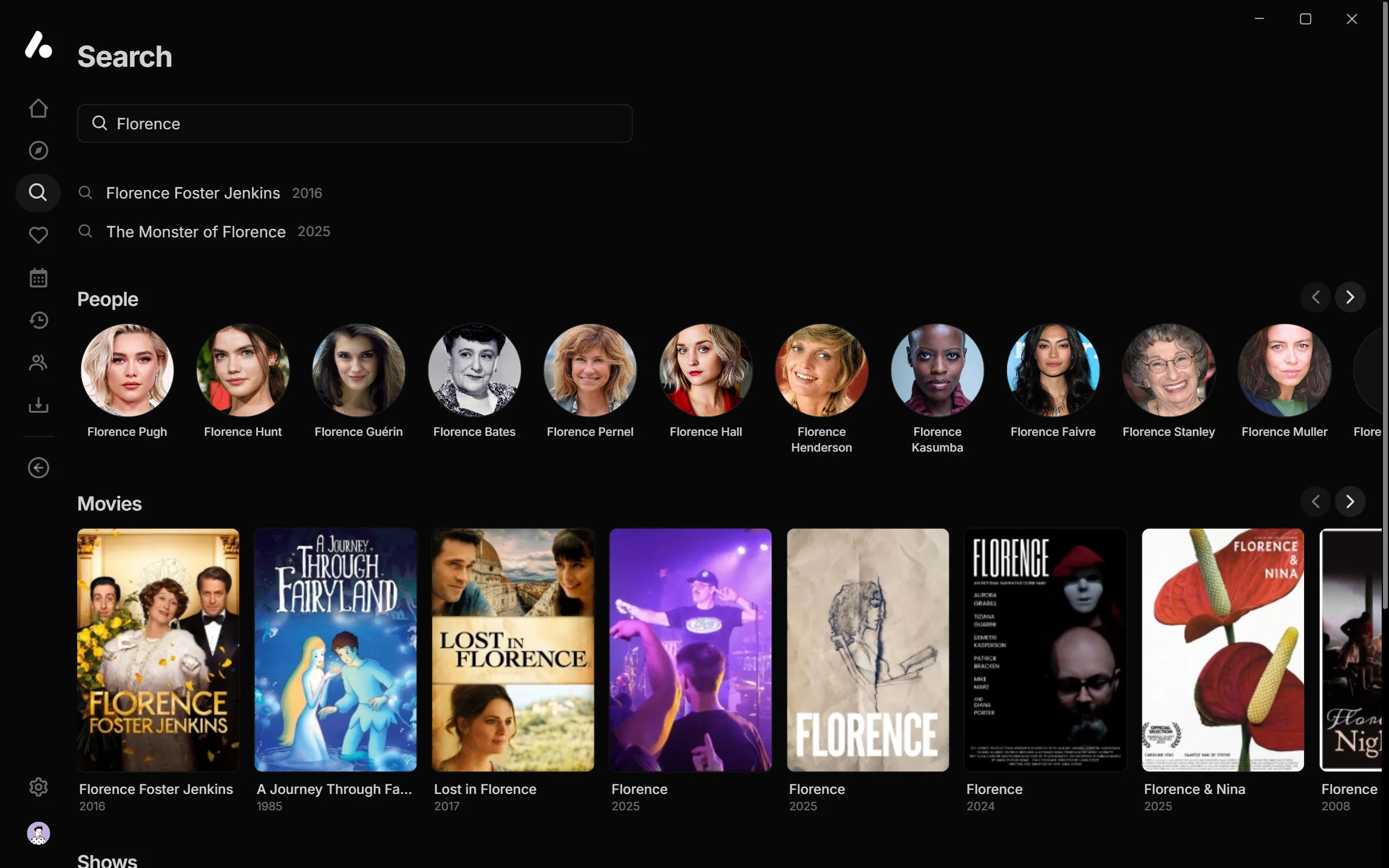 A search for Florence in the desktop app, with two title suggestions, a People row led by Florence Pugh, and a Movies row starting with Florence Foster Jenkins