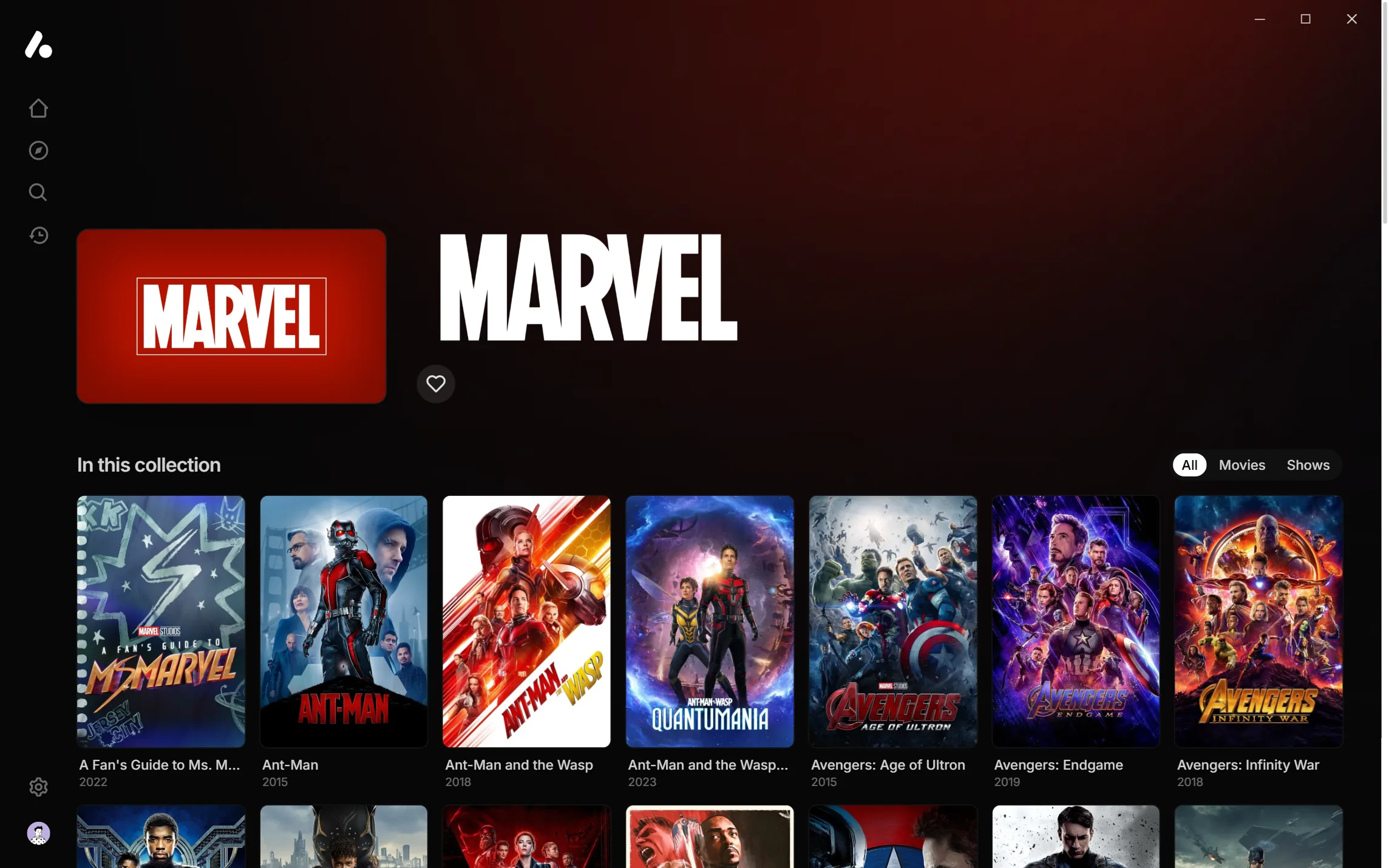 The Marvel collection's page, with a grid of its movies and shows and a filter for each