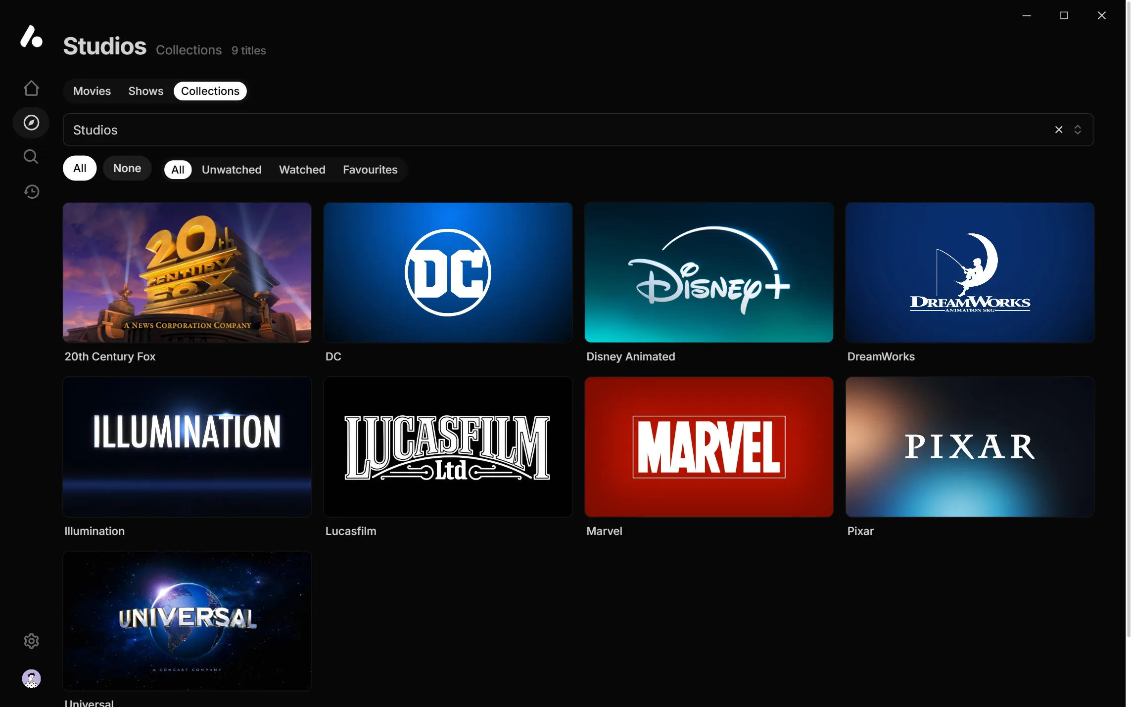 The Studios library, with collections for 20th Century Fox, DC, Disney Animated, DreamWorks, Illumination, Lucasfilm, Marvel, Pixar and Universal