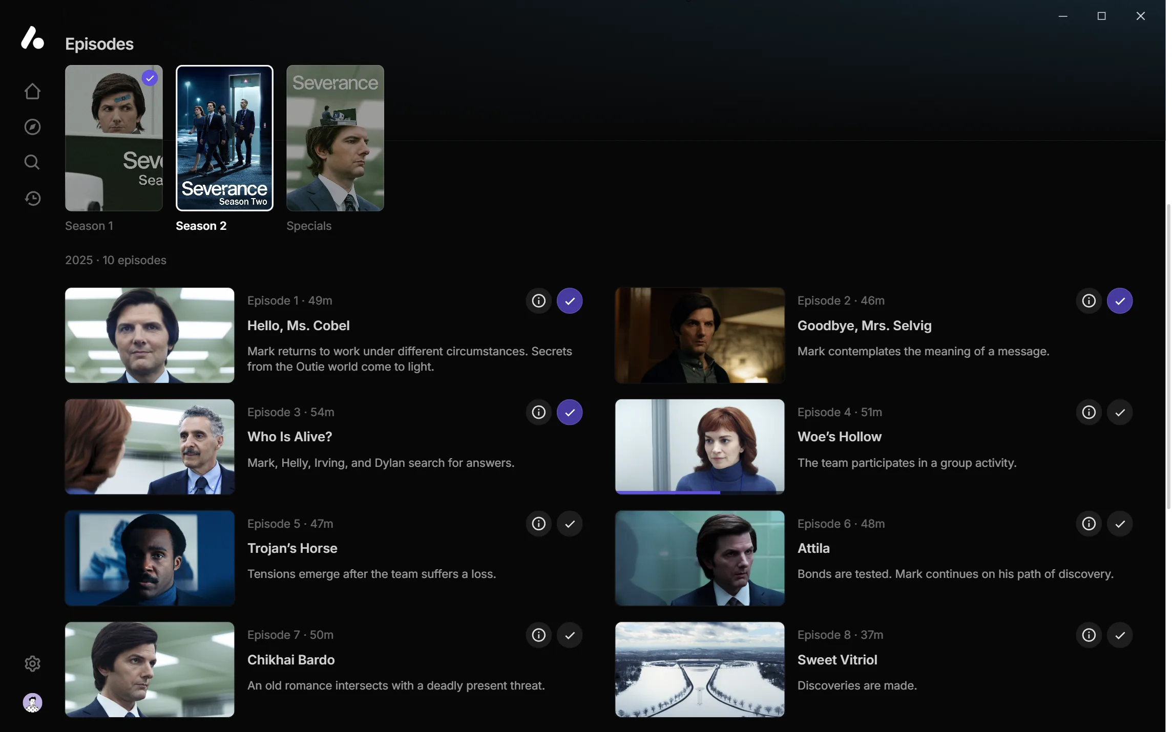 Severance's second season as a list of episodes, with their descriptions and watched marks