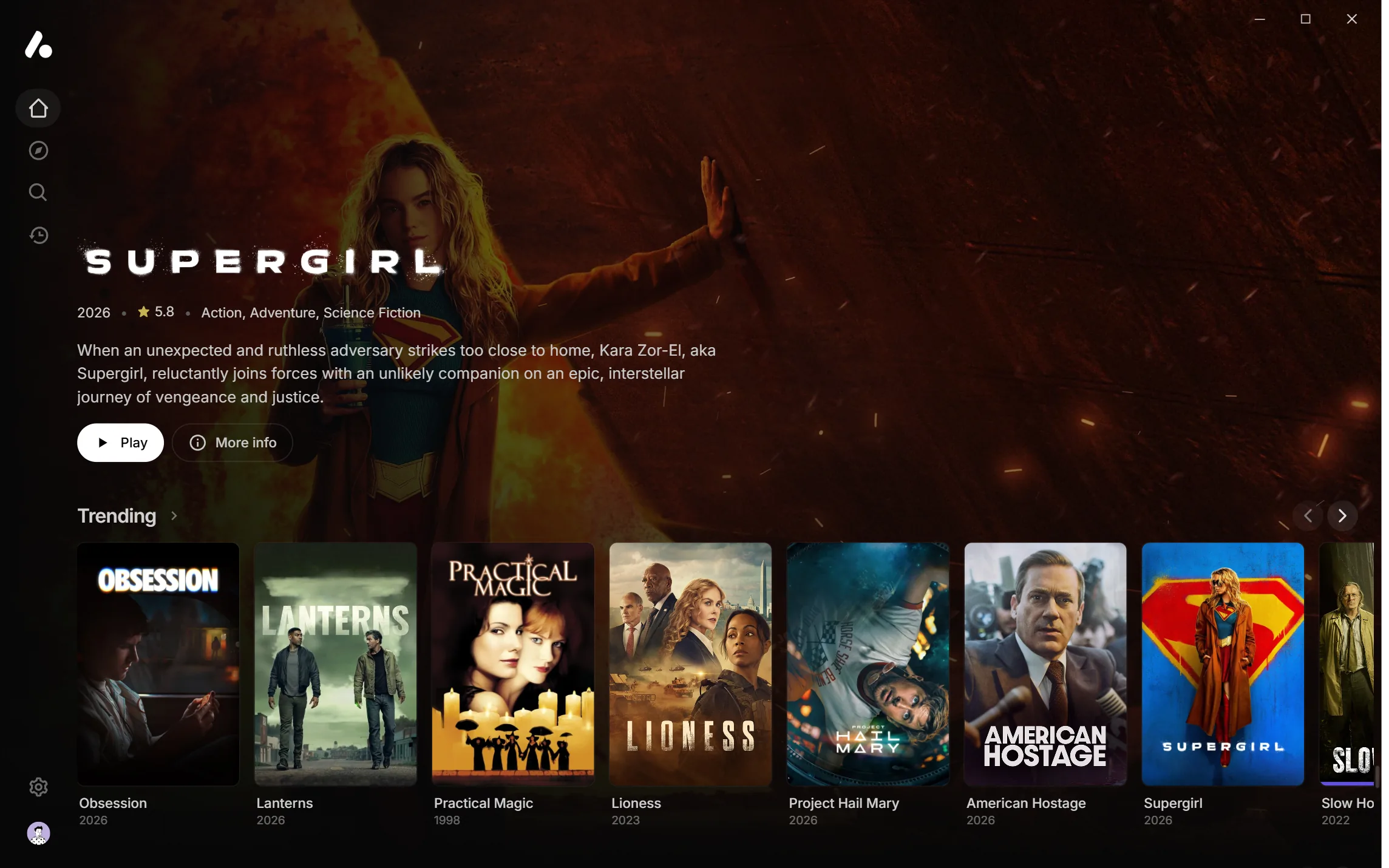 The home page with its featured title pinned above the rows, showing Supergirl, the poster the pointer rests on in the Trending row