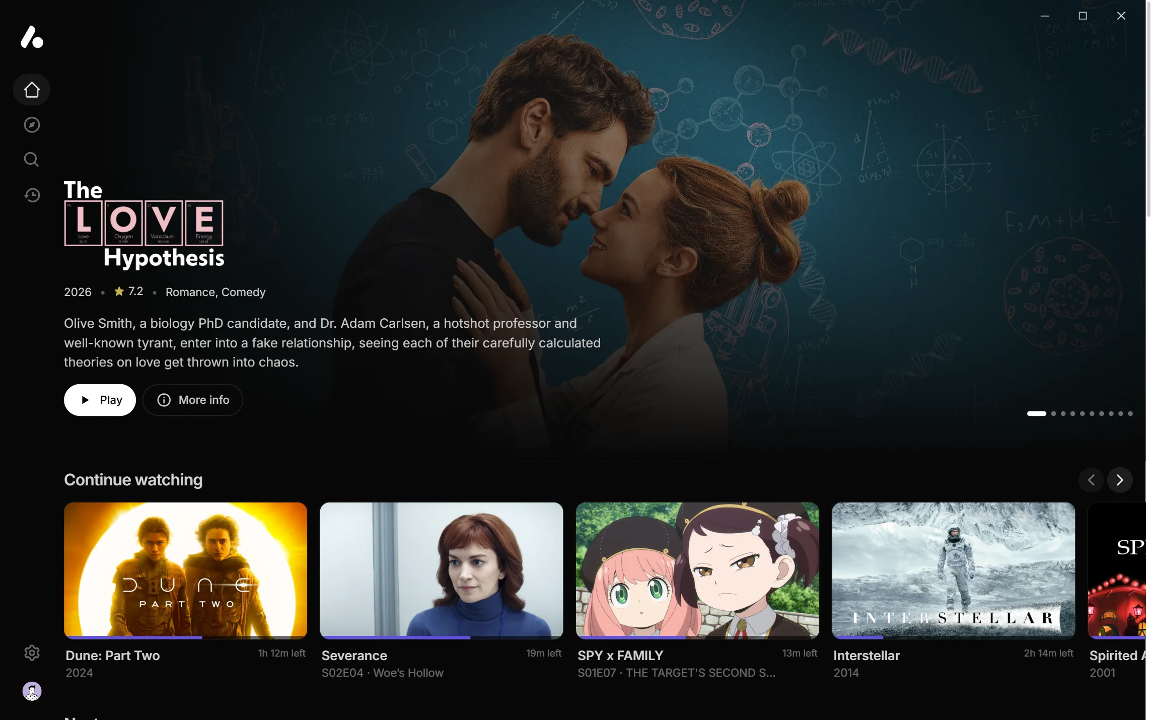 The desktop app's home page, with The Love Hypothesis featured above Continue watching