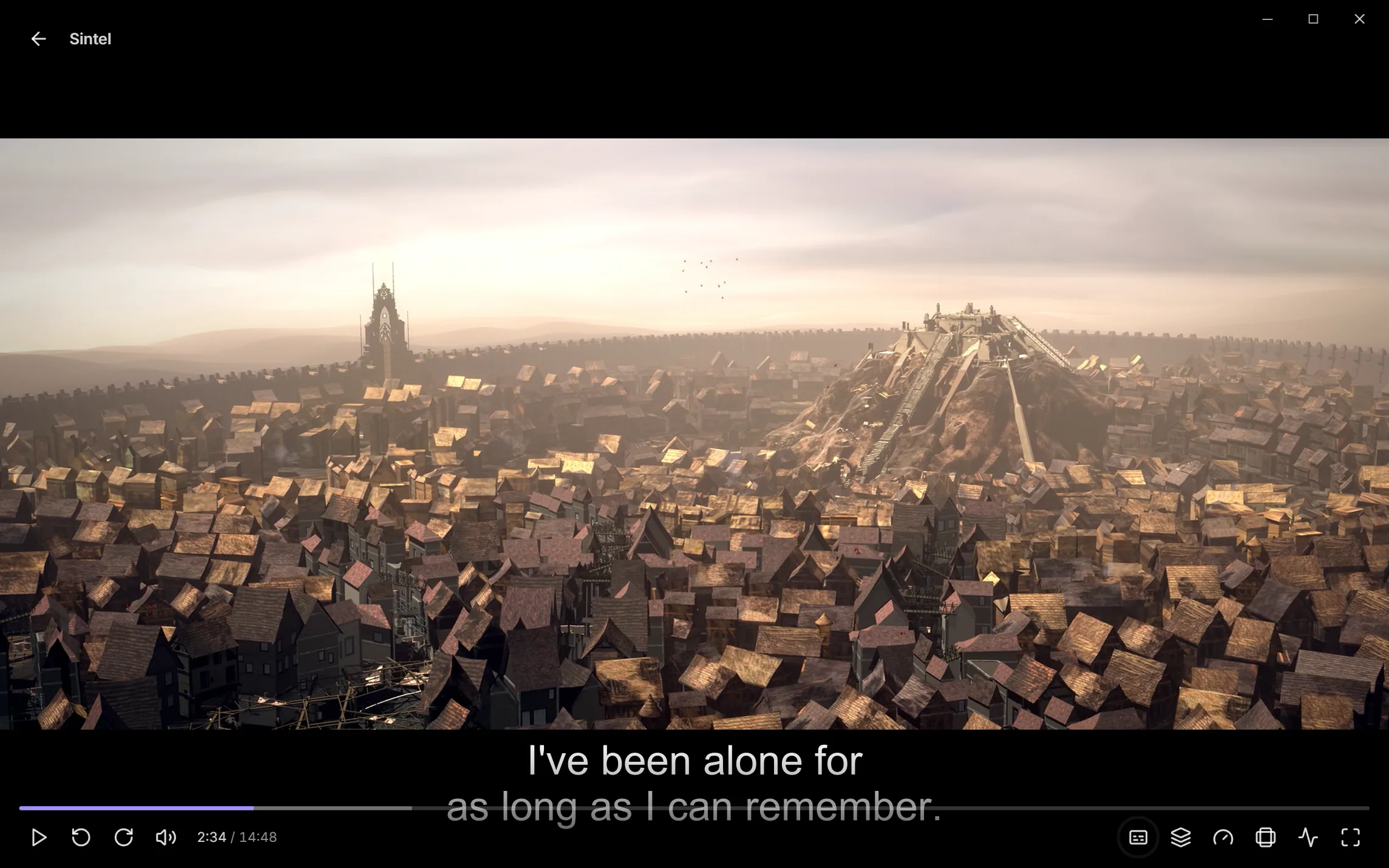 Sintel paused in the desktop app's player, with a subtitle and the player's controls over the video
