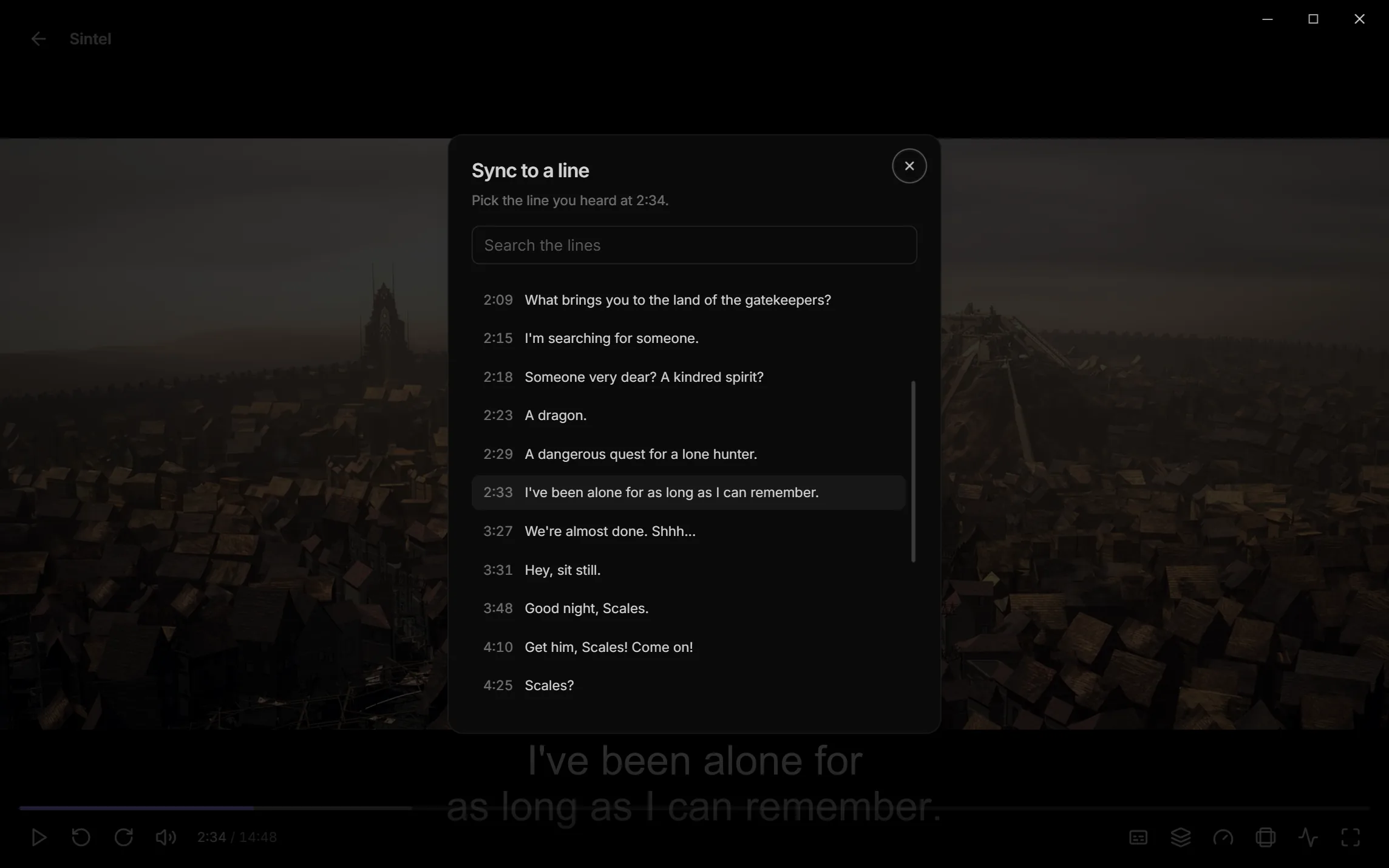 The Sync to a line panel over Sintel, listing the subtitle's lines around the current moment