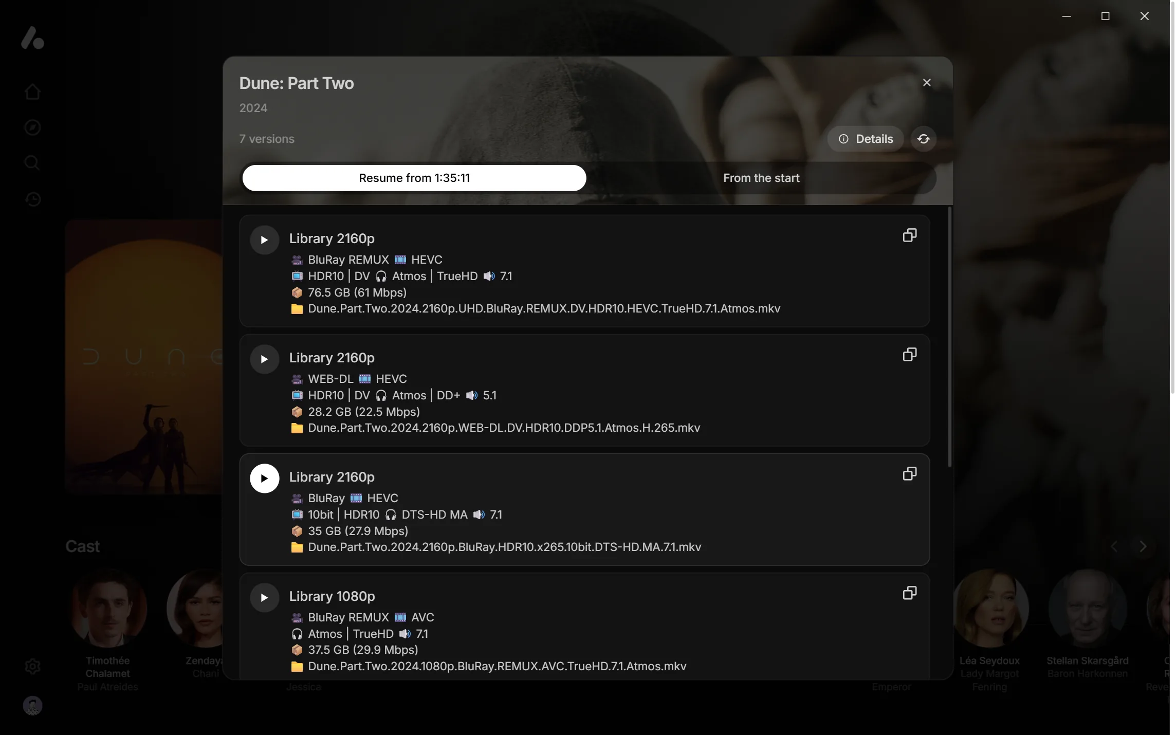 The version list for Dune: Part Two, with seven versions described by the formatter and a choice to resume or start over